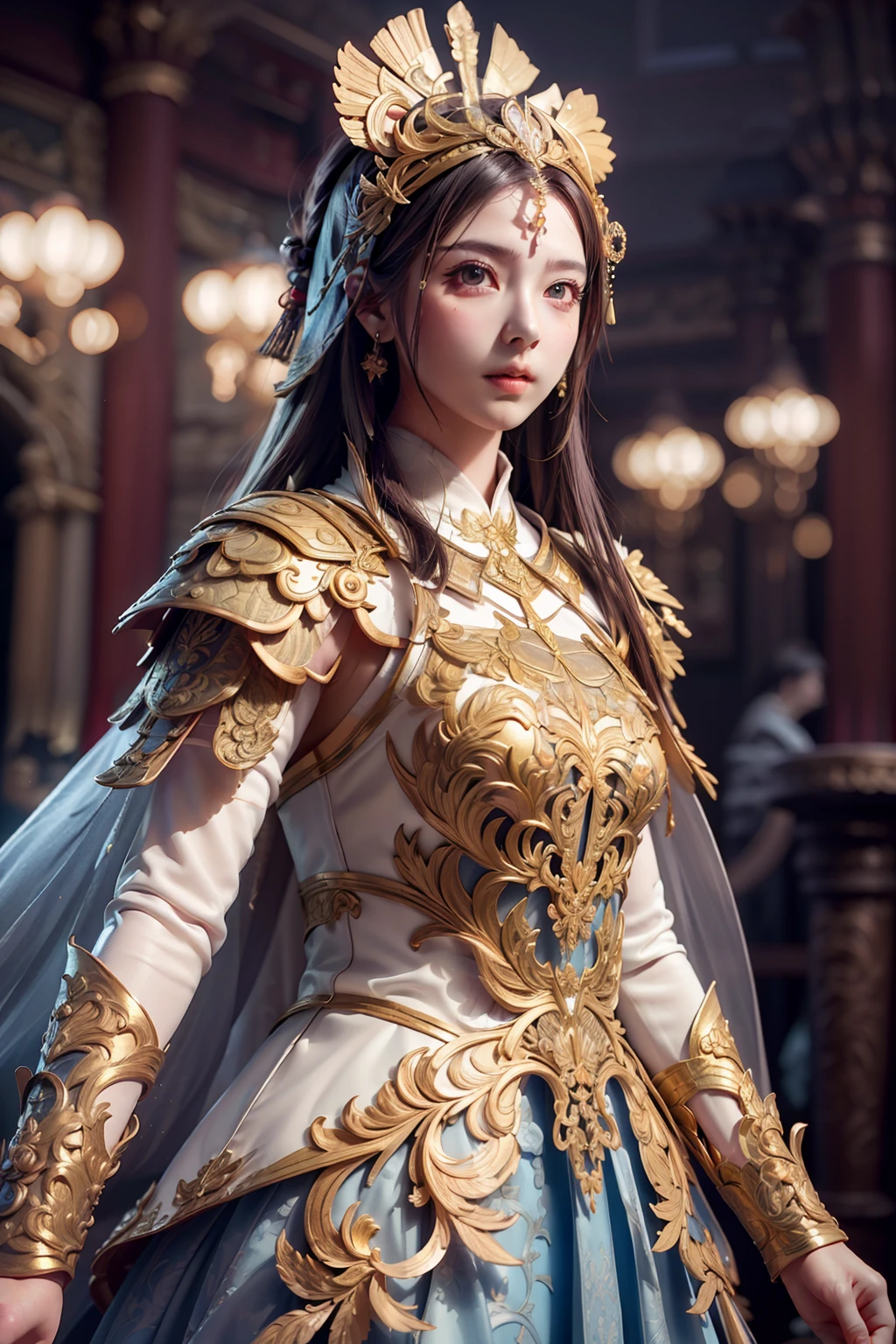 ((masterpiece))), (((best quality))), ((ultra-detailed)), (hyperrealistic), (highly detailed CG illustration), cinematic light, photorealistic ,extremely beautiful young lady, light makeup, intricate detailed eaba, white intricate cape, dynamic pose, spear