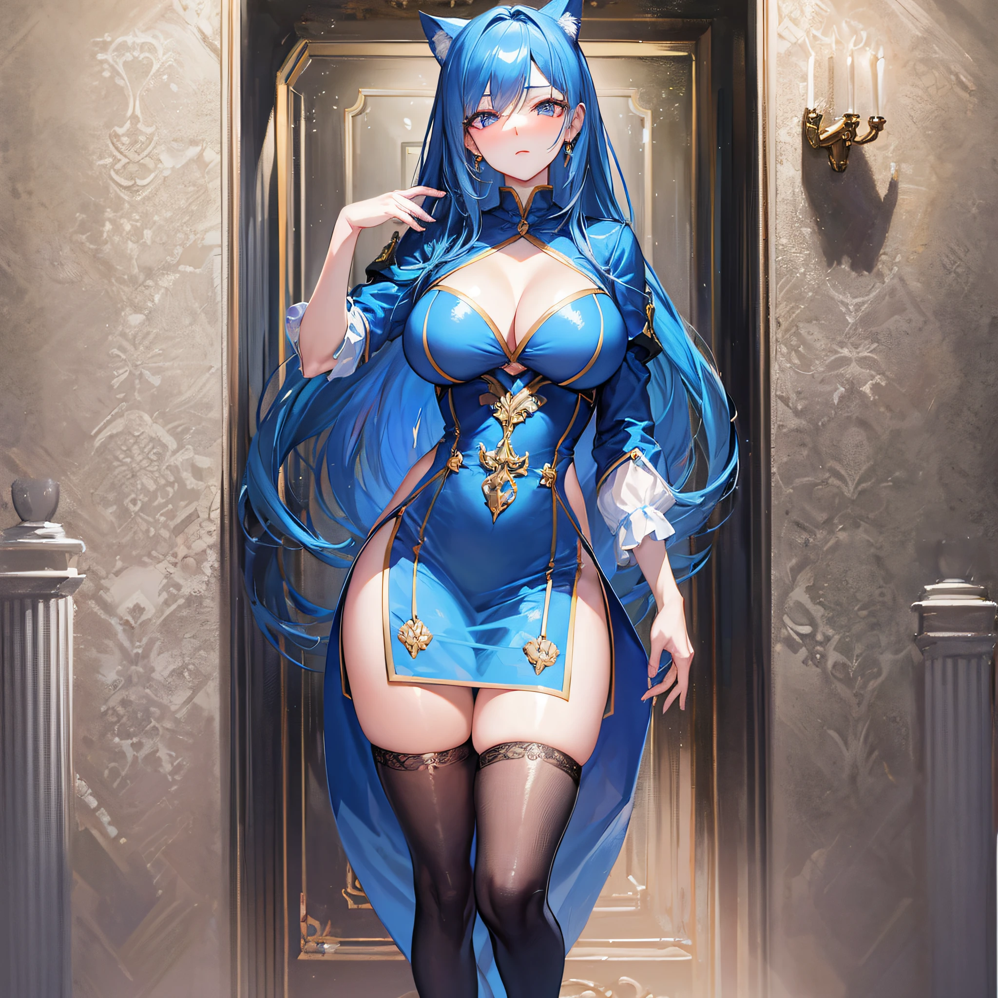 Absolutely beautiful cat lady, perfect slim body, mature, sky blue hair, royal sister face, uniform, sexy and alluring, beautiful face, full body portrait, standing pose, 4K picture quality, big body, feminine expression, blush shyness, outrageous bust, deep eyes,