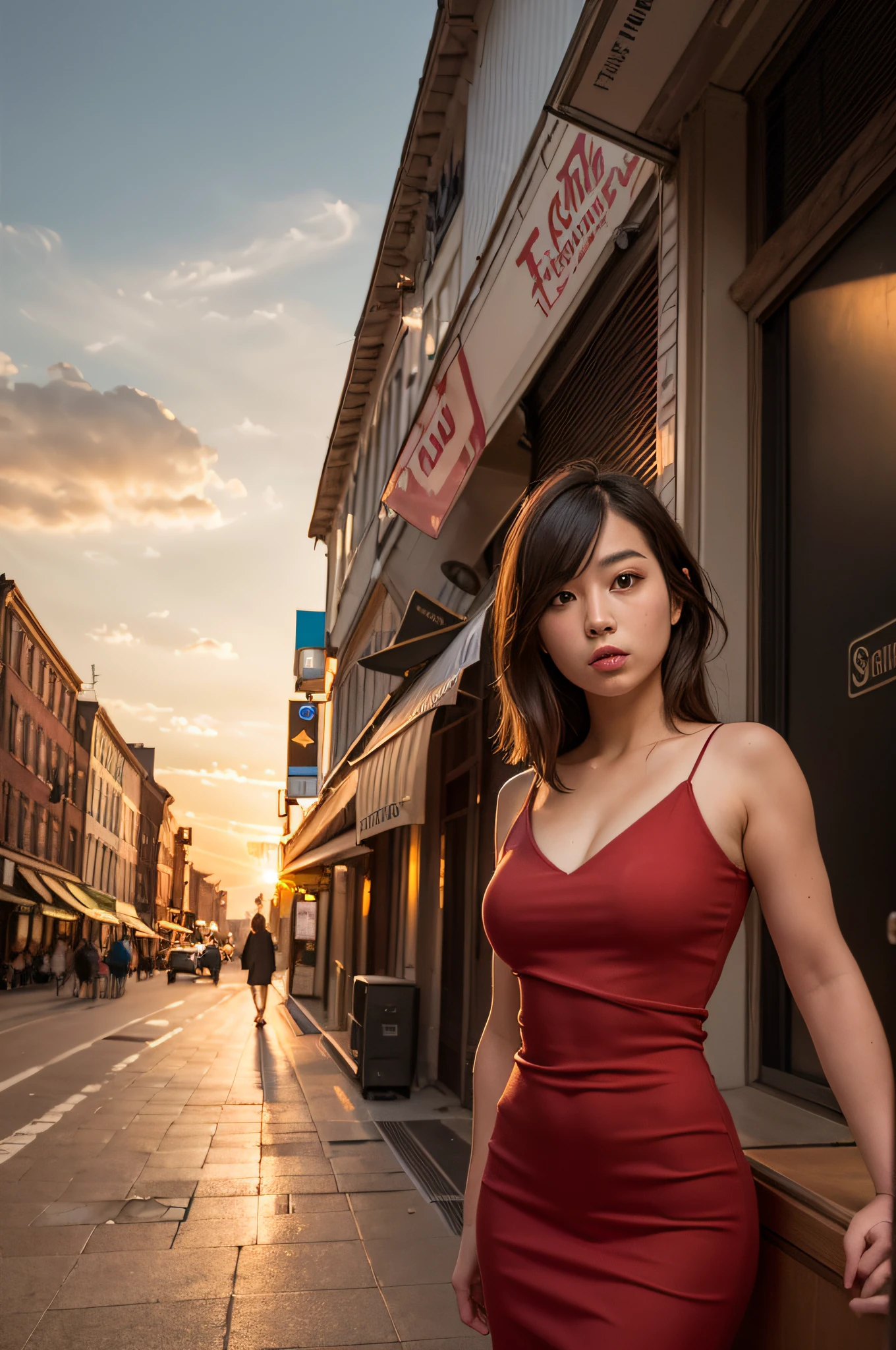 Imagine a stunning piece of ultra-realistic AI art that portrays a serene scene in the heart of New York City. A 20-year-old Asian woman with dark, flowing hair sits gracefully on a weathered bench, her delicate frame adorned in a vibrant pink dress that catches the eye. The sun gently descends, casting a warm, golden glow over the bustling street as the cityscape hums with life. In this masterpiece, every intricate detail is meticulously rendered to capture the essence of the woman's expression, the texture of her dress, and the play of light and shadow on her surroundings. The artist skillfully portrays the introspective moment when the young woman, amidst the vibrant cityscape and the tranquility of the sunset, contemplates her dreams, aspirations, and the vast possibilities that await her. Let this artwork inspire emotions, evoke a sense of wonder, and transport viewers to the heart of New York's energetic streets, all through the magic of ultra-realistic AI art.