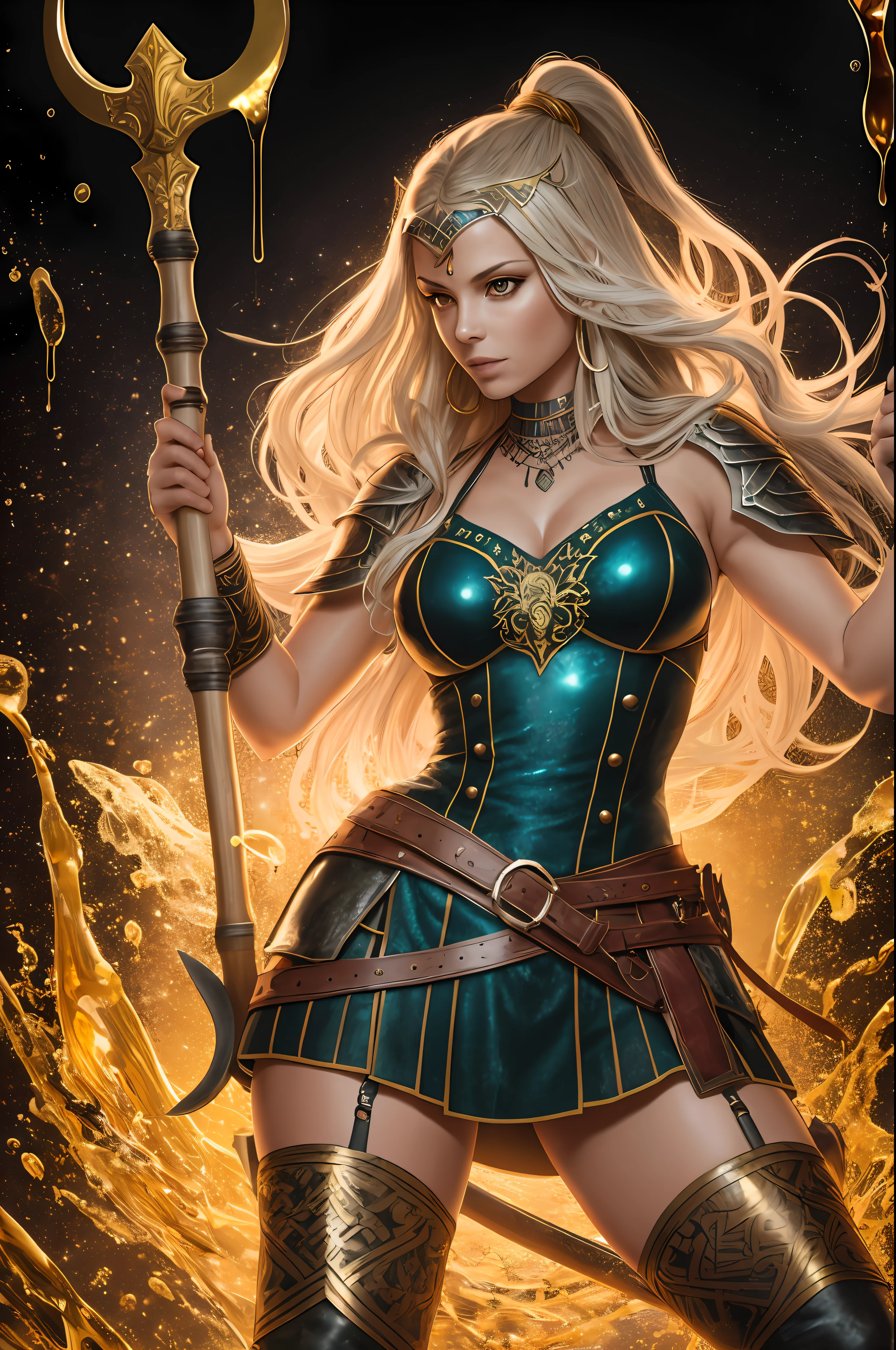 centered, dark art of a Beautiful female Viking Warrior with a axe, excited, in the rain , diy, full Body, bioluminscent Lighting, gold silver bronze drips and sparkles, dark Background, multicolor Splash Background, Centered, 8k, Vibrant Oil and Liquid Ink mixed with Watercolor, Film photography, Style: Carne Griffith, radiant light octane render highly detailed, --auto --s2