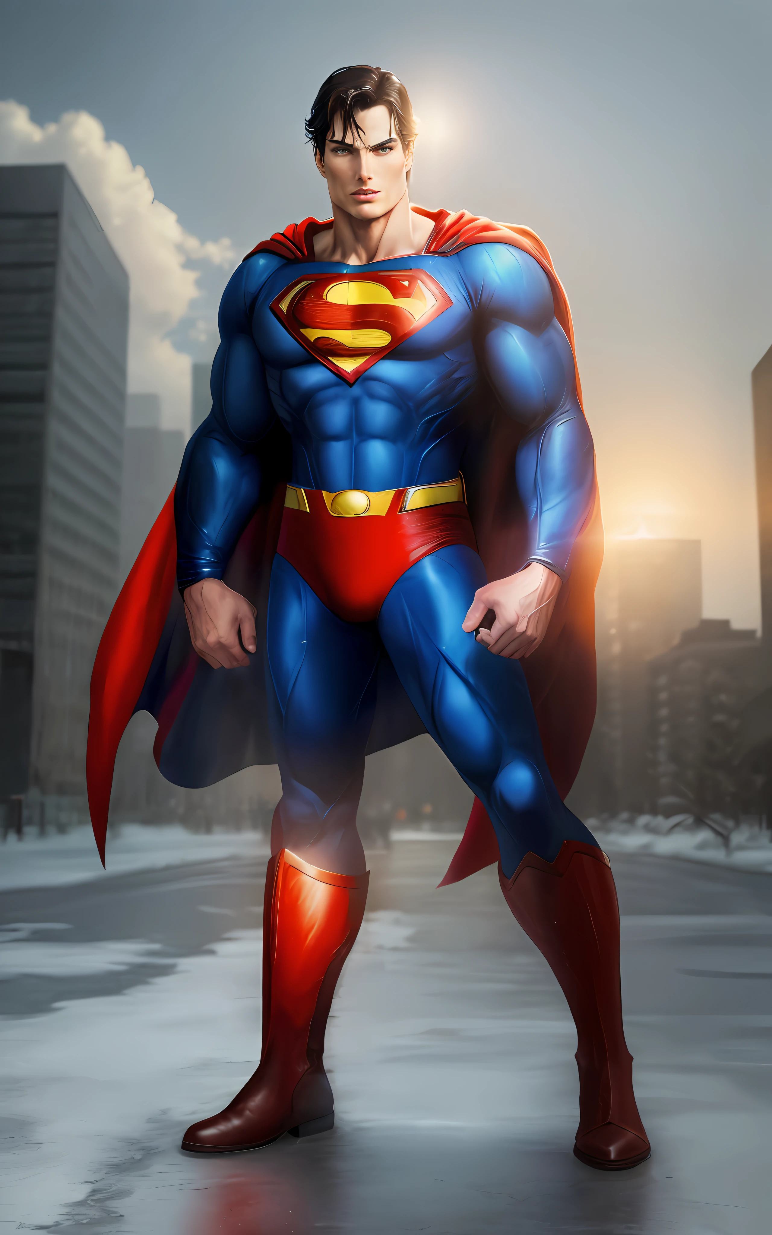 (best quality:1.3), (masterpiece:1.2), (realistic:1.2), (detailed:1.1), artwork by (Christopher Reeve is Superman:1.2). The artwork should be highly detailed and should accurately depict the character of Superman with perfect blue eyes, including his iconic uniform with blue cape and emblem, red and red sheared boots. The art must be created in a high resolution of 8K or 4K, and must be rendered in 3D to give a realistic quality. Art must also be created in 8D to add depth and dimensionality. The overall style of the work should be realistic, with an emphasis on capturing the vibrant colors. Be sure to include background and floor buildings with 3D texture. The artwork should be of the highest quality and should match the level of detail and realism found in professional Adobe Photoshop art.