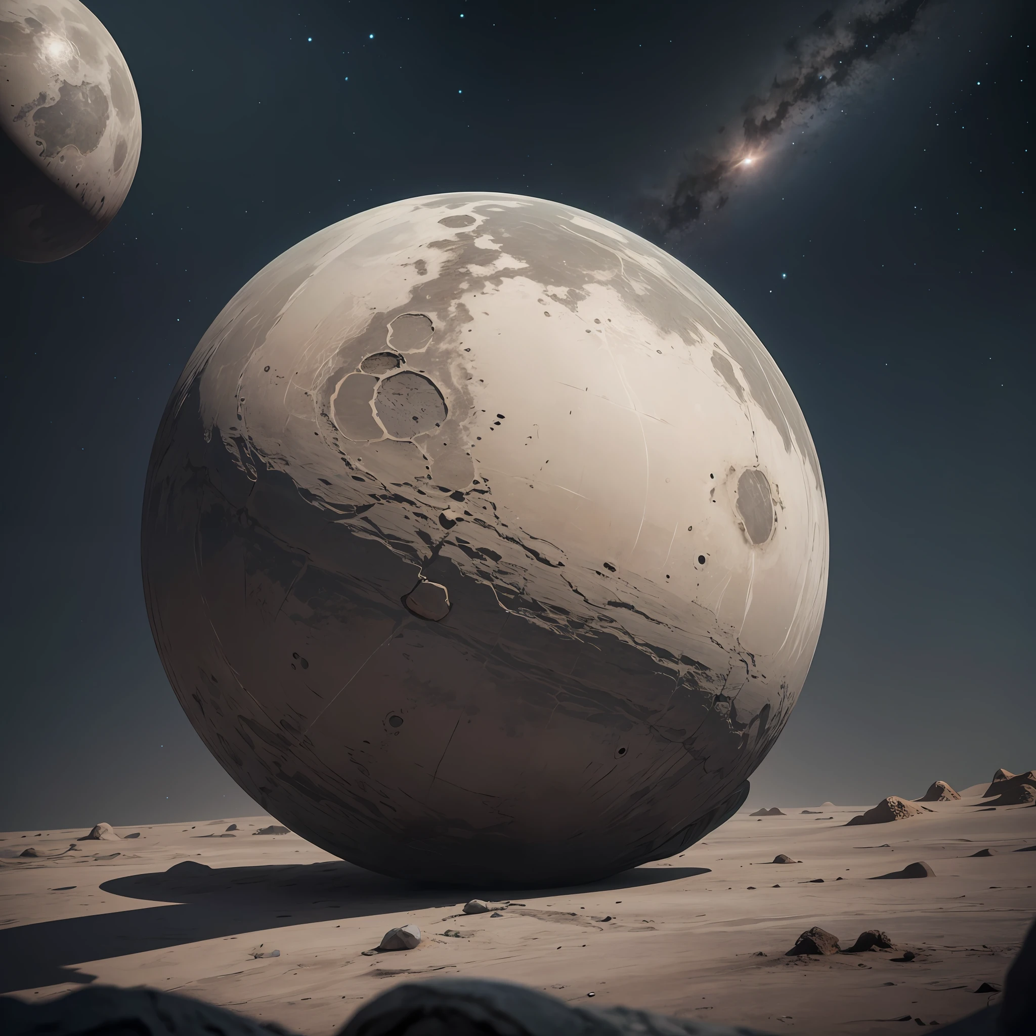 A gray planet floats in space in the distance，Faint light，Clean design，Black-gray tones，Blender rendering，OC rendering