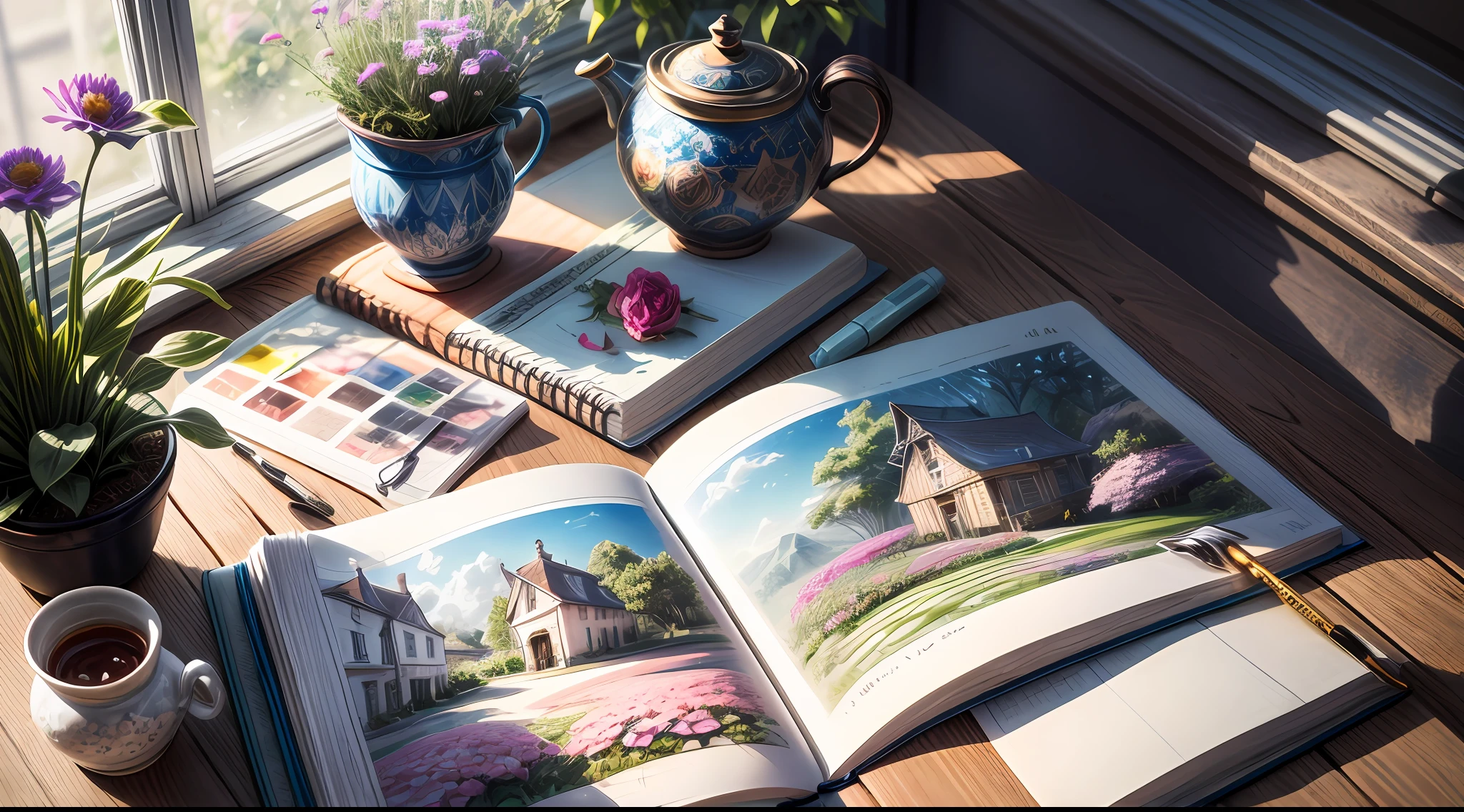 Bring your attention to the two objects, a vibrant bouquet of freshly picked flowers and a well-loved sketchbook, resting on a sunlit windowsill. The camera zooms in, revealing the intricate details of each flower petal and the varying hues of the blossoms. The sketchbook shows signs of artistic exploration, filled with sketches, doodles, and color swatches. The character lies on his stomach in the background, partially obscured by the sketchbook, engrossed in his creative process. Sunlight streams through the window, casting a warm glow on the objects, creating a harmonious interplay of light and shadow. The image will be executed as a highly detailed photography with a macro lens, capturing the fine details of the flowers and the texture of the sketchbook pages