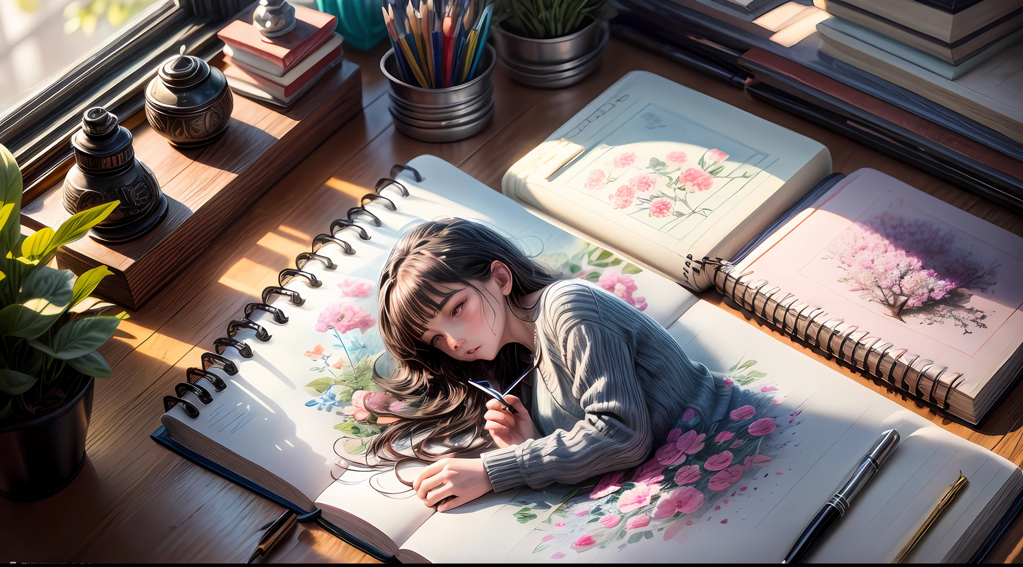 Bring your attention to the two objects, a vibrant bouquet of freshly picked flowers and a well-loved sketchbook, resting on a sunlit windowsill. The camera zooms in, revealing the intricate details of each flower petal and the varying hues of the blossoms. The sketchbook shows signs of artistic exploration, filled with sketches, doodles, and color swatches. The character lies on his stomach in the background, partially obscured by the sketchbook, engrossed in his creative process. Sunlight streams through the window, casting a warm glow on the objects, creating a harmonious interplay of light and shadow. The image will be executed as a highly detailed photography with a macro lens, capturing the fine details of the flowers and the texture of the sketchbook pages