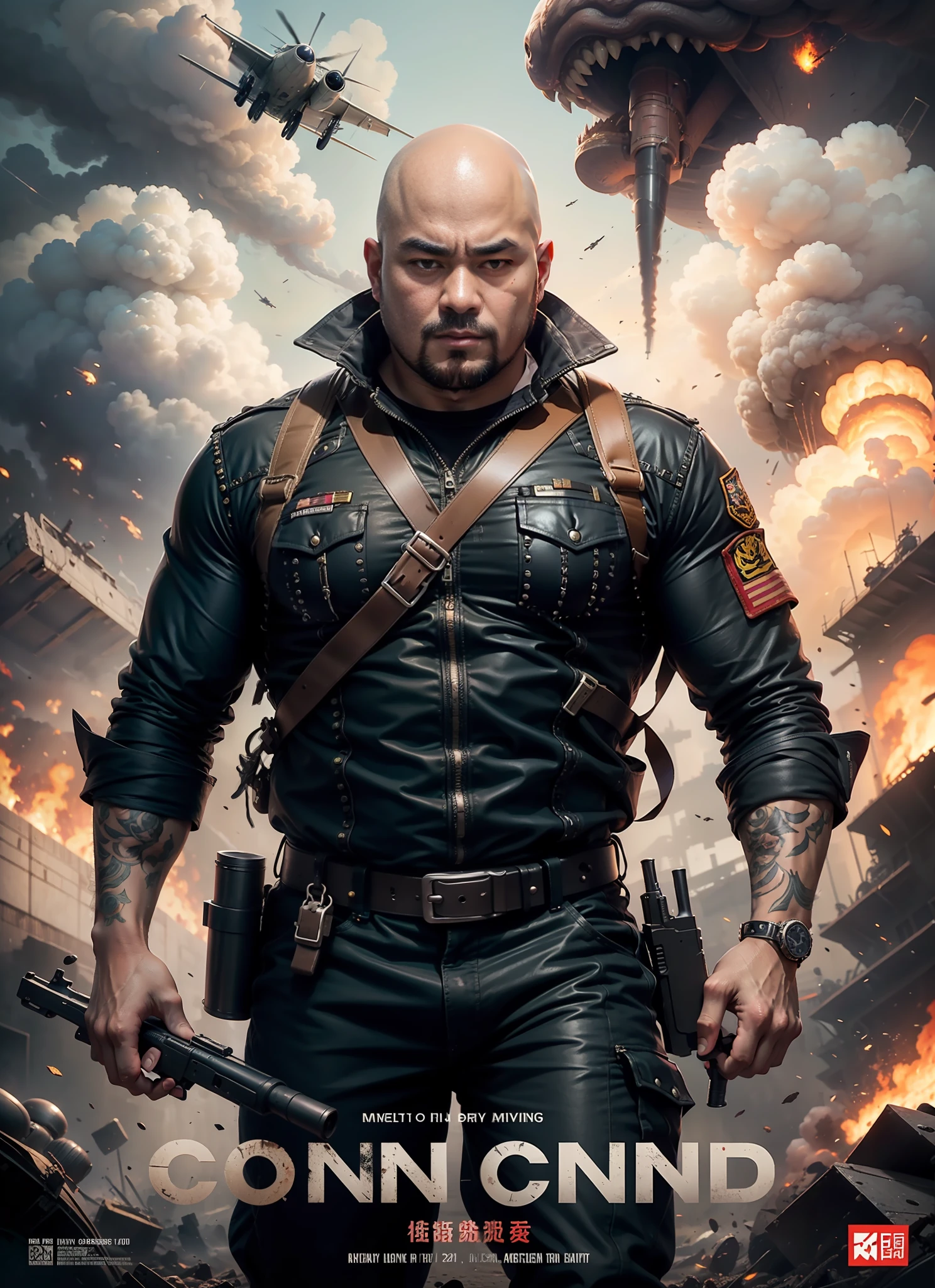 Movie Poster Commando，obesity，guangtou，Muscular man，Chubby flat head bald asian man，, medium dark long hair, with large gun in hand, roupa preta, rivets, Explosions, moto, Planes, just one body