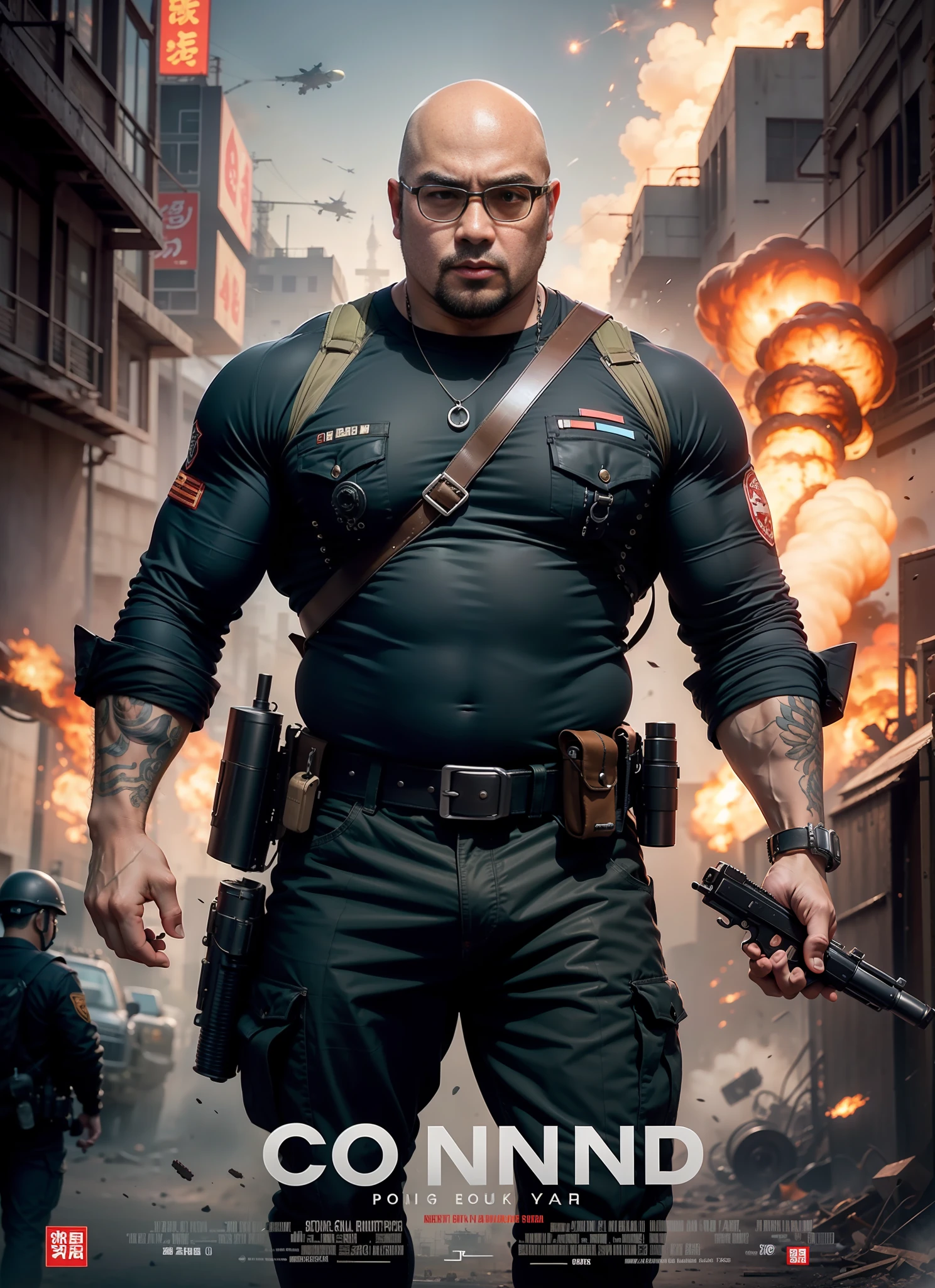 Movie Poster Commando，obesity，guangtou，Muscular man，Chubby flat head bald asian man，, medium dark long hair, with large gun in hand, roupa preta, rivets, Explosions, moto, Planes, just one body