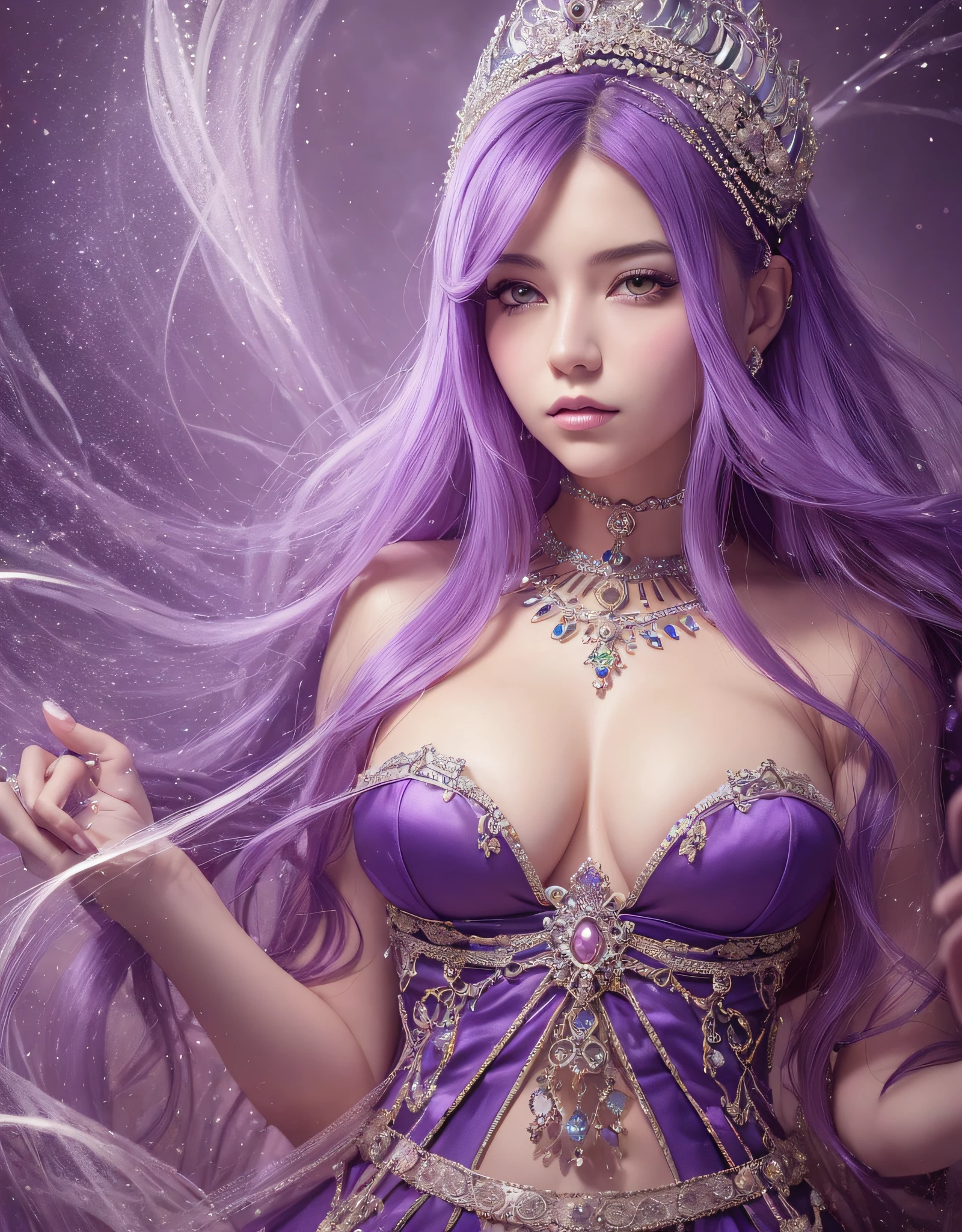 (((wide angle photography))), (((masterpiece))), studio light, studio photography, woman with purple hair wearing a tia, a beautiful fantasy empress, ((a beautiful fantasy empress)), fantasy art style, beautiful european princess with violet skin, 8k high quality detailed art, princess of amethyst, deviantart artstation cgscosiety, beautiful and elegant queen, epic fantasy art style hd, gorgeous digital art, beautiful fantasy art portrait