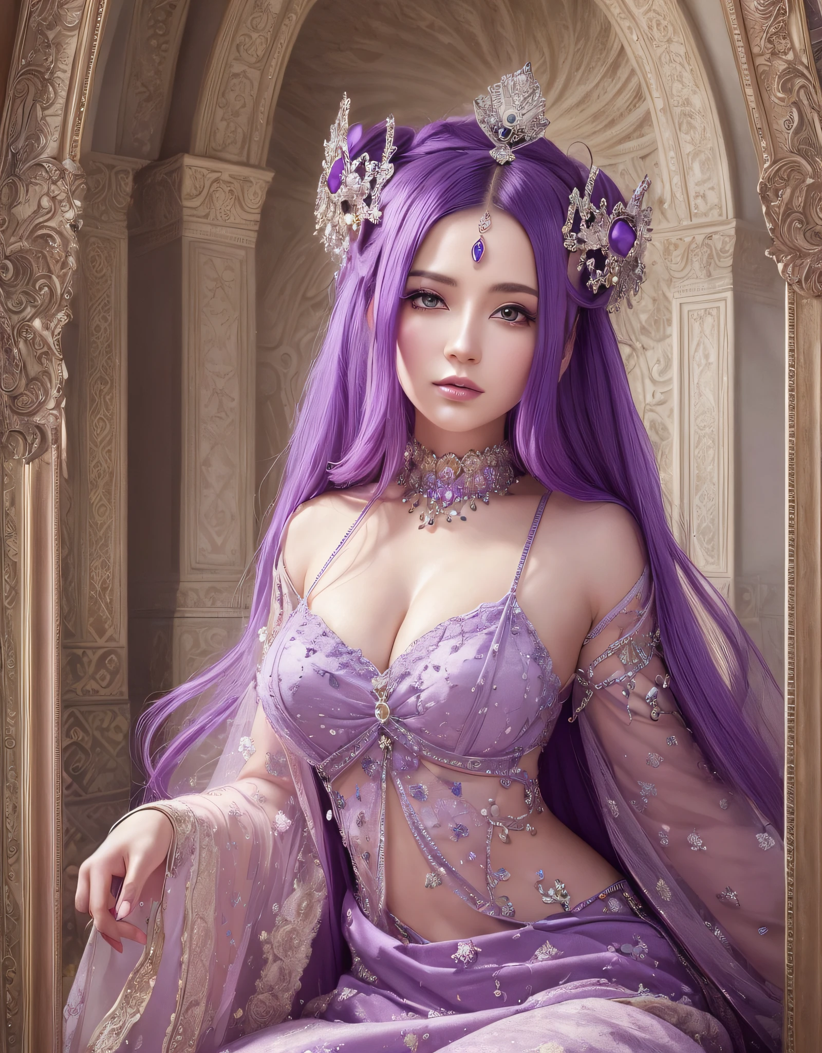 (((wide angle photography))), (((masterpiece))), studio light, studio photography, woman with purple hair wearing a tia, a beautiful fantasy empress, ((a beautiful fantasy empress)), fantasy art style, beautiful european princess with violet skin, 8k high quality detailed art, princess of amethyst, deviantart artstation cgscosiety, beautiful and elegant queen, epic fantasy art style hd, gorgeous digital art, beautiful fantasy art portrait