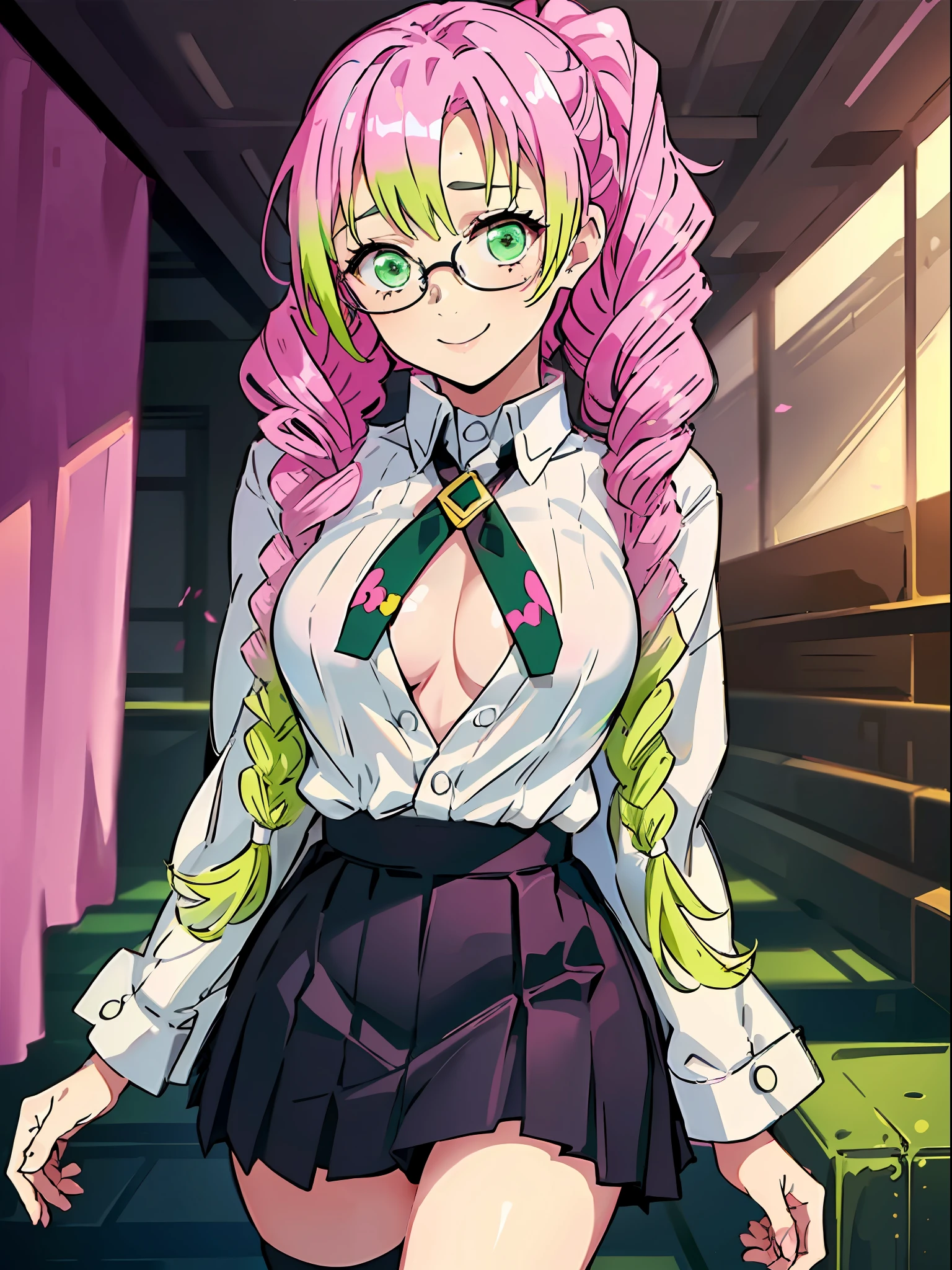 kanroji_mitsuri、1girl (Master peace、) (sthe highest qualit)(Shiny hair)(Glossy skin)、(gradation hair、GREEN、pink hair、ponytails:1.2)、 (suits、Officelady:1.2)、Hang something around your neck、shirt、、、white blouse、Tight skirt、a black skirt、Woman in glasses、smileing、thighlet、standing a、