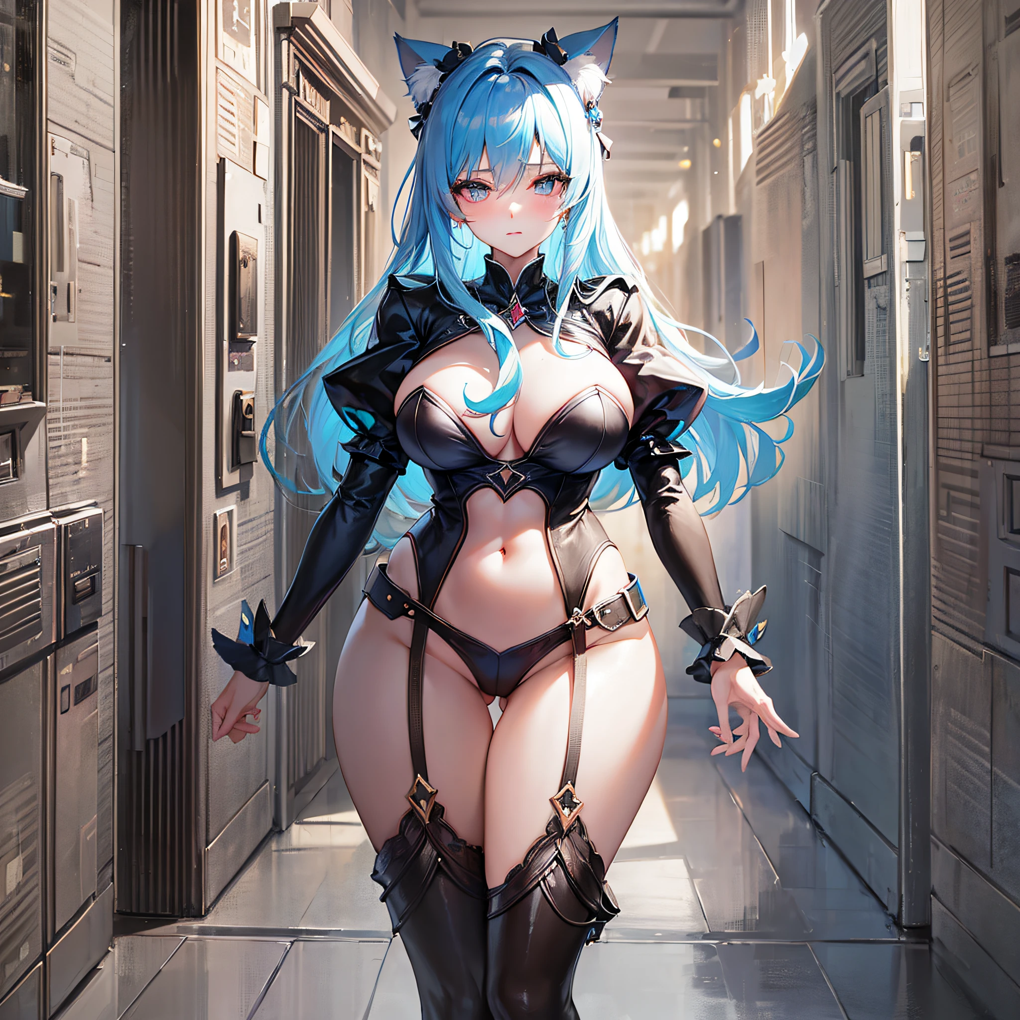 Absolutely beautiful cat lady, perfect slim body, mature, sky blue hair, royal sister face, uniform, sexy and alluring, beautiful face, full body portrait, standing pose, 4K picture quality, big body, feminine expression, blush shyness, outrageous bust, deep eyes,