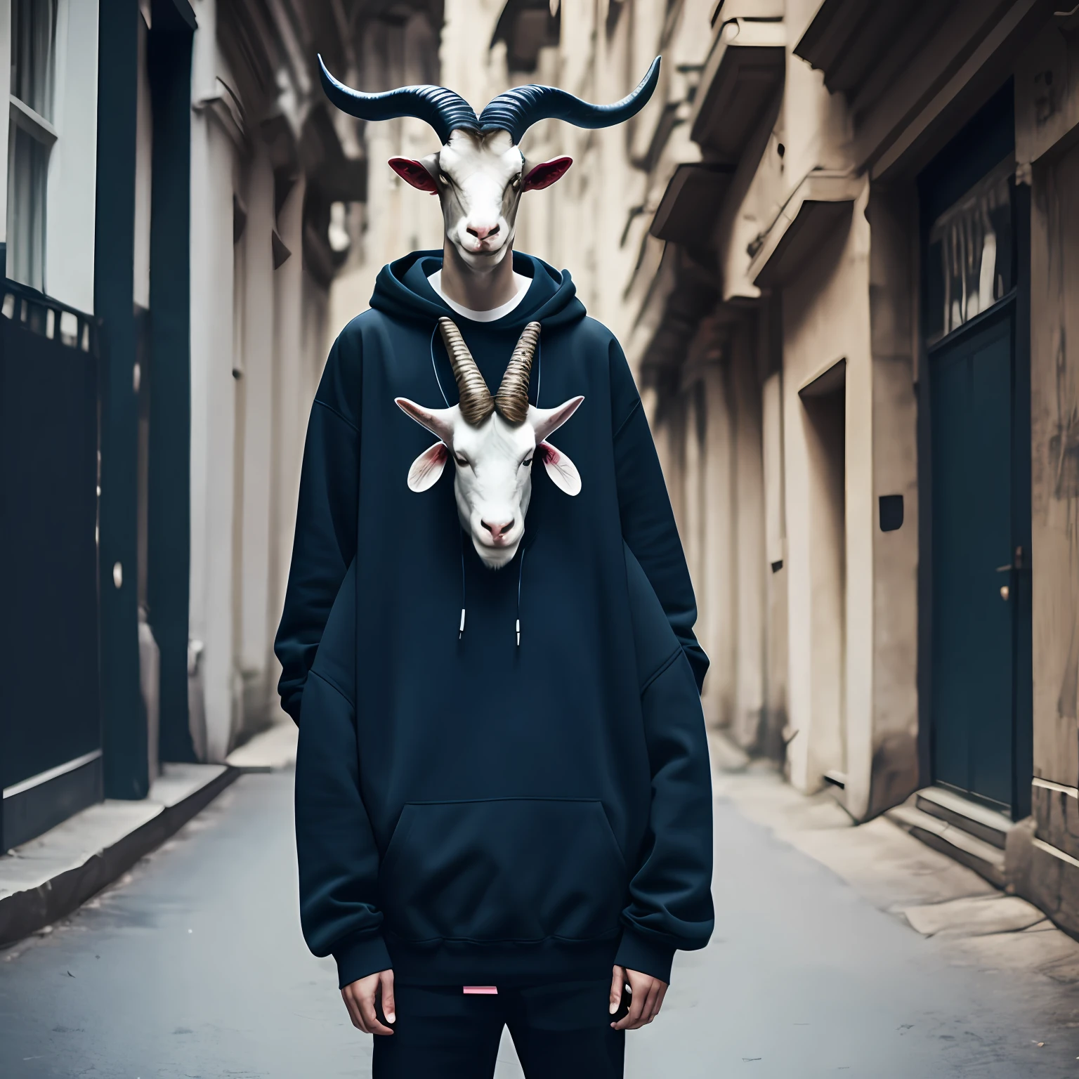 Developing a man with baphomed goat head, usando roupas street wear, oversize --auto