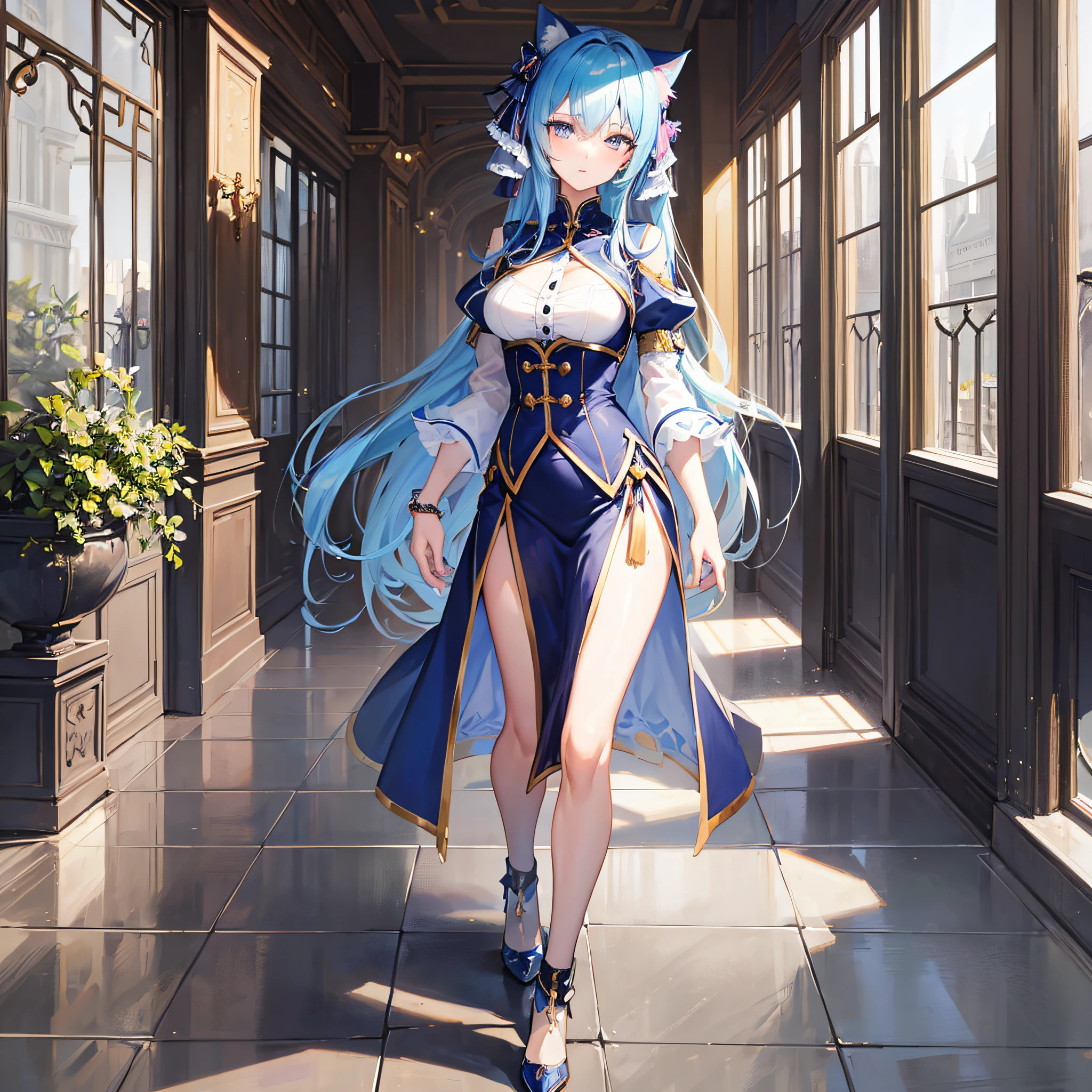 Absolutely beautiful cat lady, perfect slim body, mature, sky blue hair, royal sister face, uniform, sexy and alluring, beautiful face, full body portrait, standing pose, 4K picture quality, big body, feminine expression, blush shyness, outrageous bust, deep eyes,