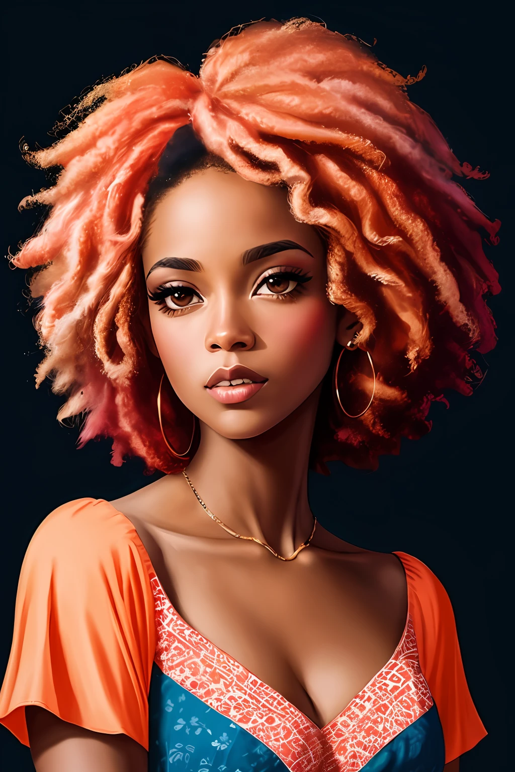 An illustration of african american woman with natural hair, in the style of ross tran, pink and orange, jessica drossin, bold block prints, michael malm, bold yet graceful, bold traditional —ar 2:3 —v 5