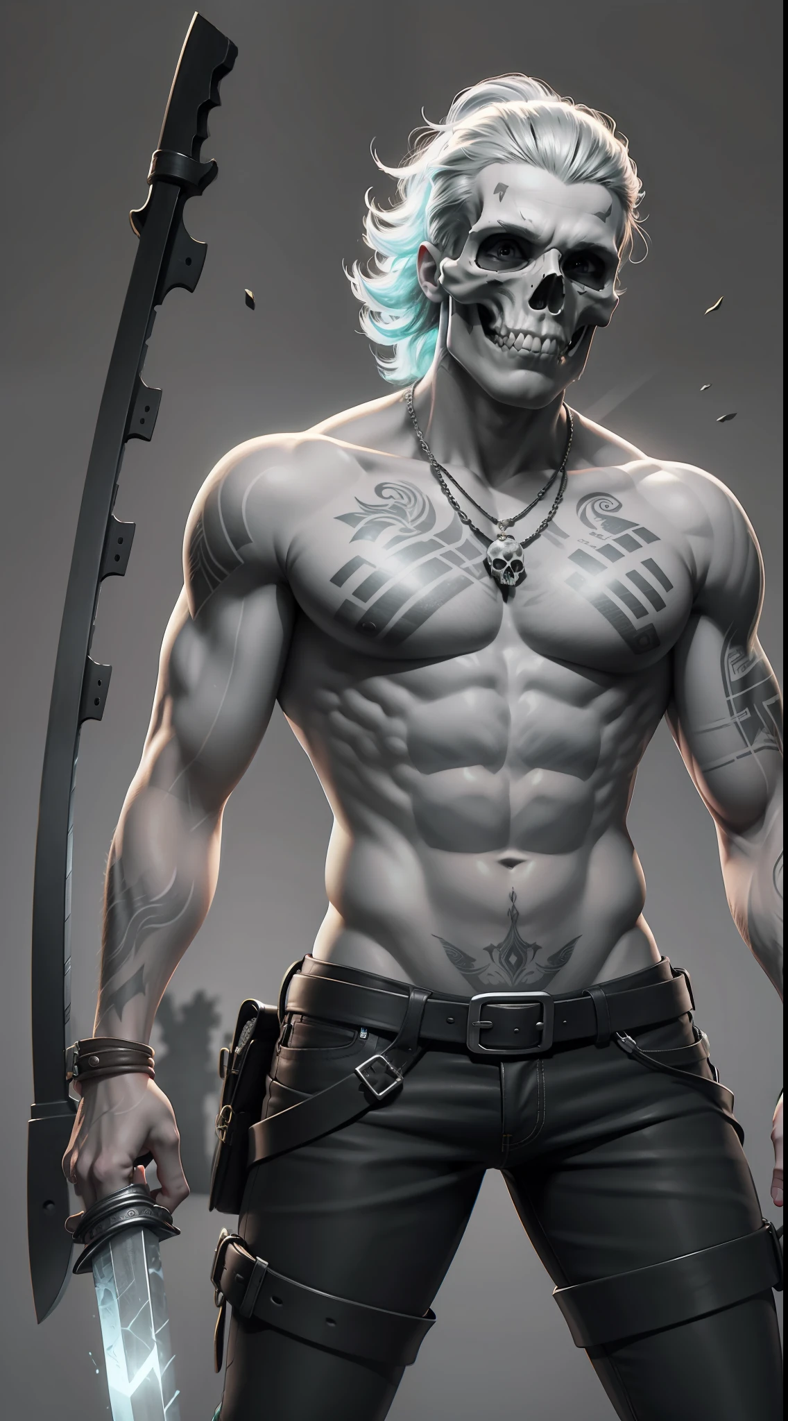 Um homem, branco, cabelos ruivos, tattoo por todo o Corpo com caveiras, Skull necklace and ice sword in hand, black pants and leather boots. Convey your determination and vigor through your confident posture., Surrealism, high detail, ray tracing, drop shadow, speed lines, vanishing point, UHD, retina, masterpiece, award winning, 8k, best quality, high details