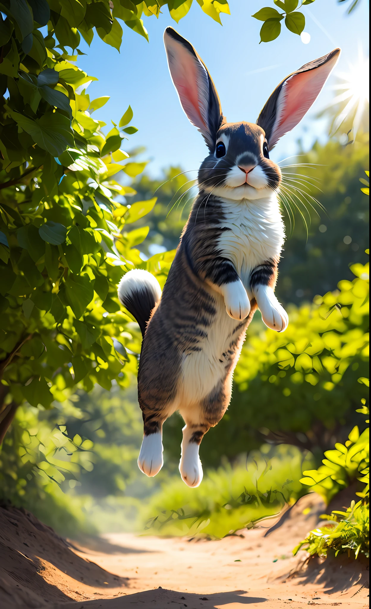 ((masterpiece, best quality)), soil, animal ears, fluffy rabbit, rabbit ears, jumping, beach, outdoor, full body, animal, sunlight, sunlight dappled, daytime, depth of field --v6
