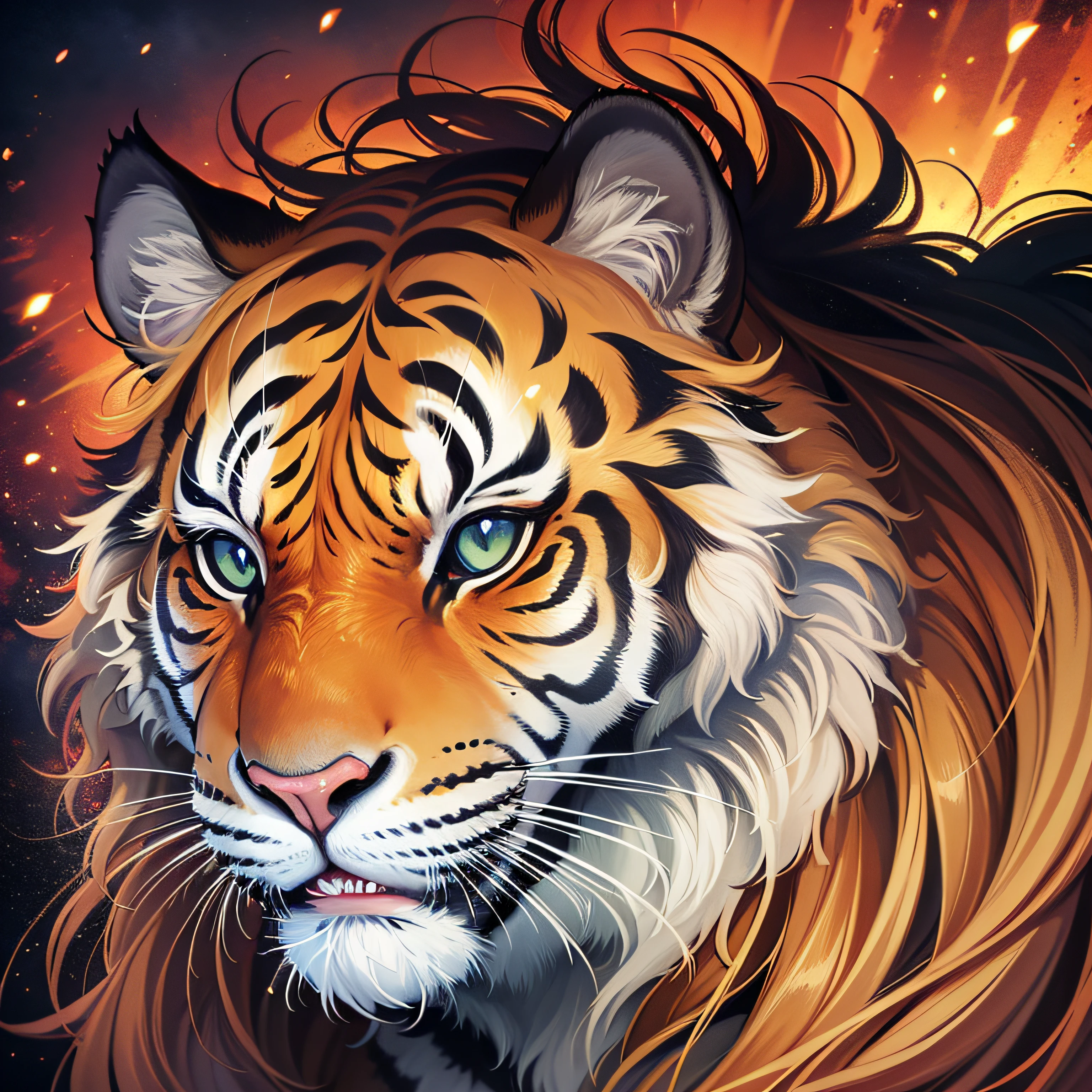 "Create a painting of a tiger king with a fierce face that radiates power and confidence. Utilize cores vibrantes e contrastantes para retratar a pelagem do tigre, destacando seus olhos penetrantes e dentes afiados. Explore the texture of tiger fur with expressive brushstrokes that convey its strength and grandeur. Let the personality of the king tiger shine through the expression on his face, tornando-o a fearsome and majestic figure.”