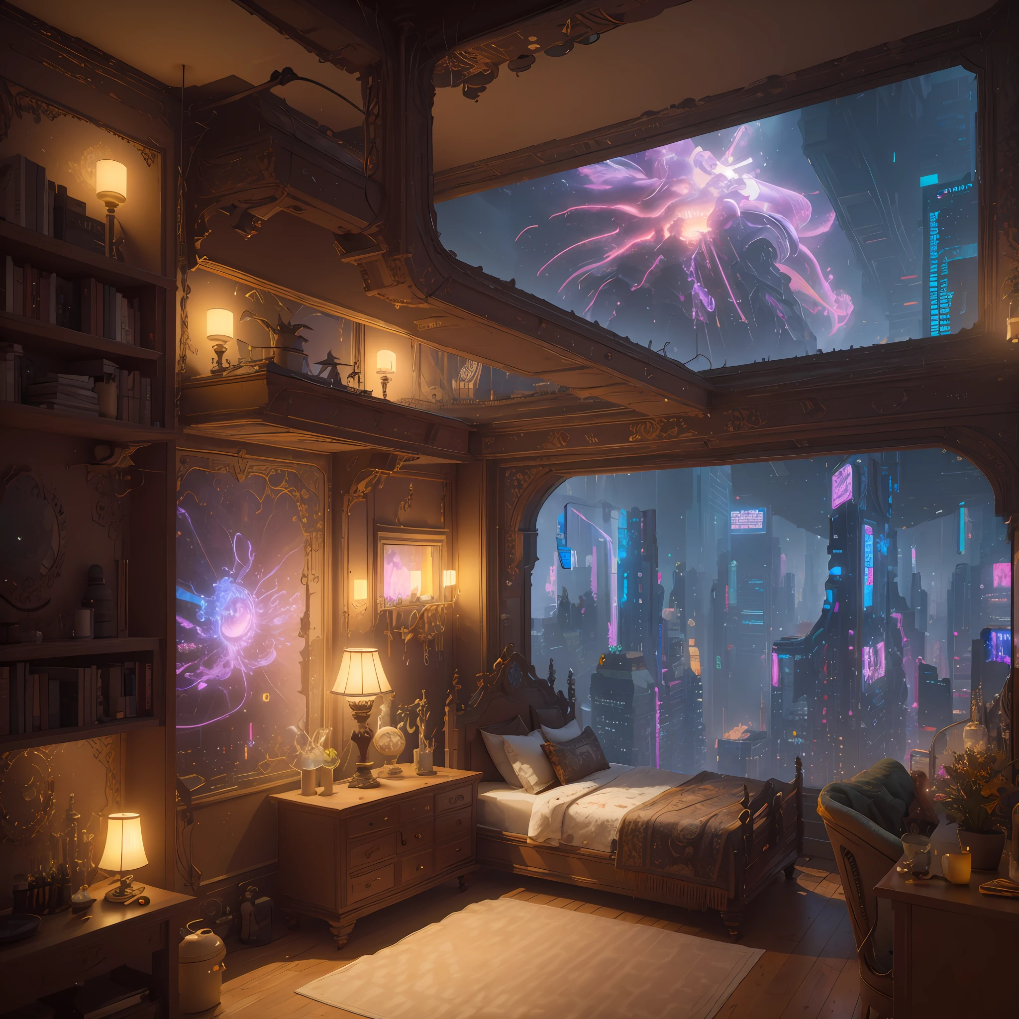 there is a room with a window and a view of a city, art nouveau octane render, ornate cyberpunk interior, inspired by Carl Spitzweg, 3 d render beeple, fantasy style 8 k octane render, dystopian city apartment, victorian steampunk city vista, ancient cyberpunk 8k resolution, stuning fantasy 3 d render, (octane render) fantasy style