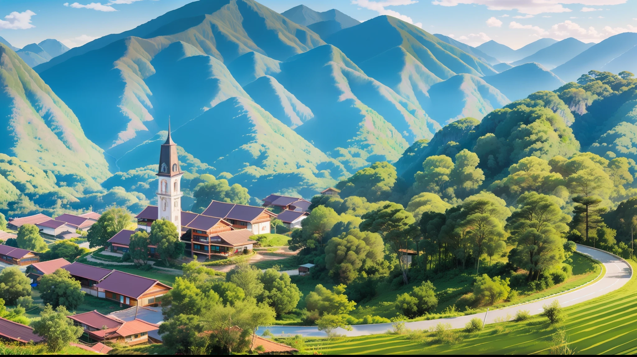 Pequeno vilarejo, alto da montanha, green and mountainous background scenery, com foco mais nas casas e pessoas a volta.
