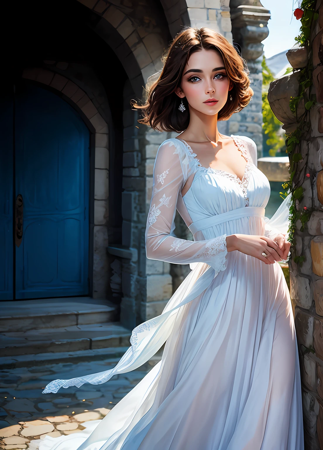 Belle jeune femme brune aux yeux bleus, dressed in'A flowing white dress of high quality.