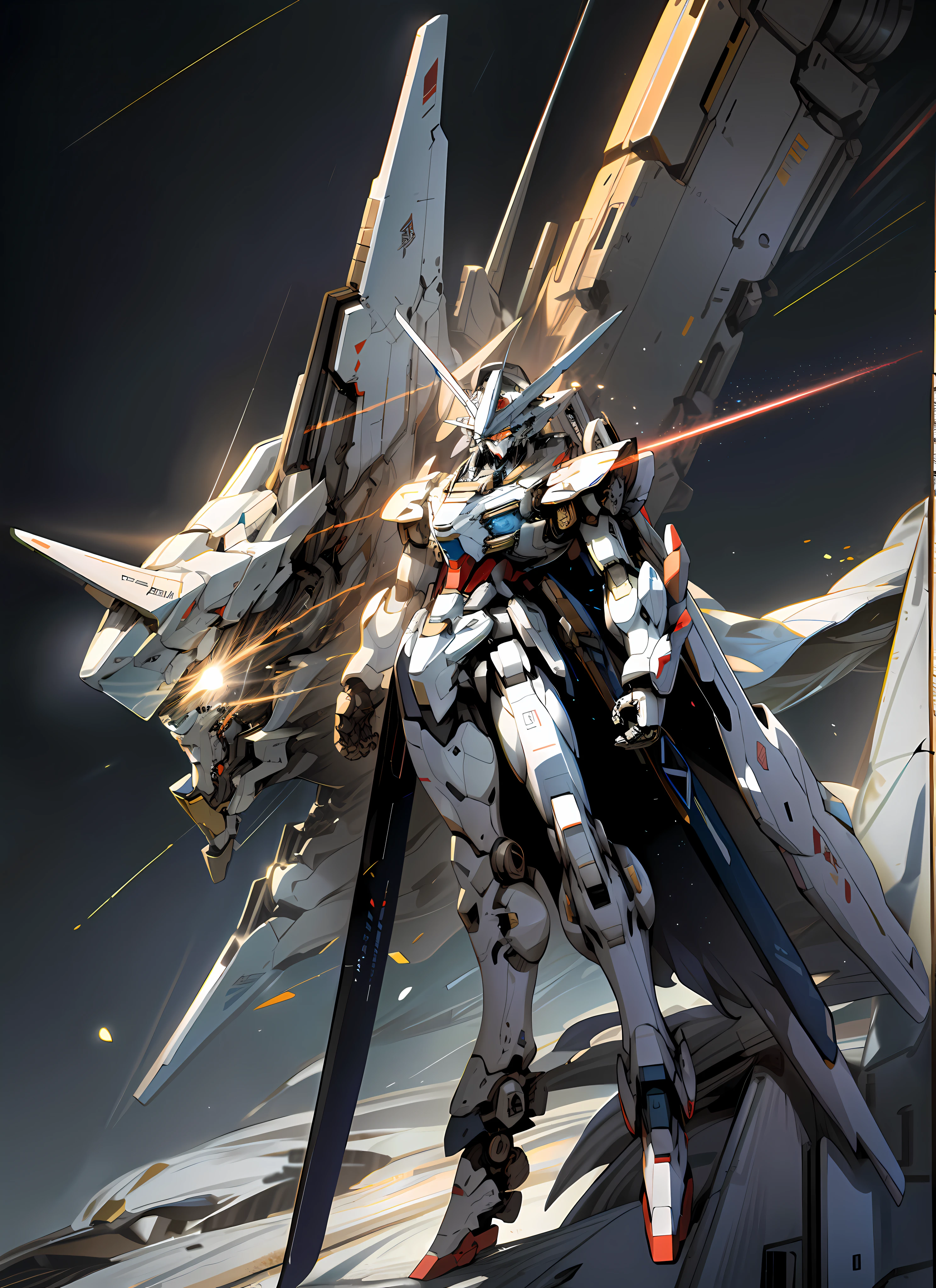 Surrealism, ray tracing, UHD, high details, 8k, best quality, textured skin, Gundam mech, mech ship, masterpiece, best quality, mecha, unmanned, (full body), (white mech: 1.8), (axisymmetry: 1.4), (HDR), (movie light: 1.1), white eyes, cool, science fiction, fire, laser cannon beam, war, conflict, Space looking down on the background of the earth with weapons in hand, (holding huge weapons: 1.5), holding oversized shields, mecha men, Gold