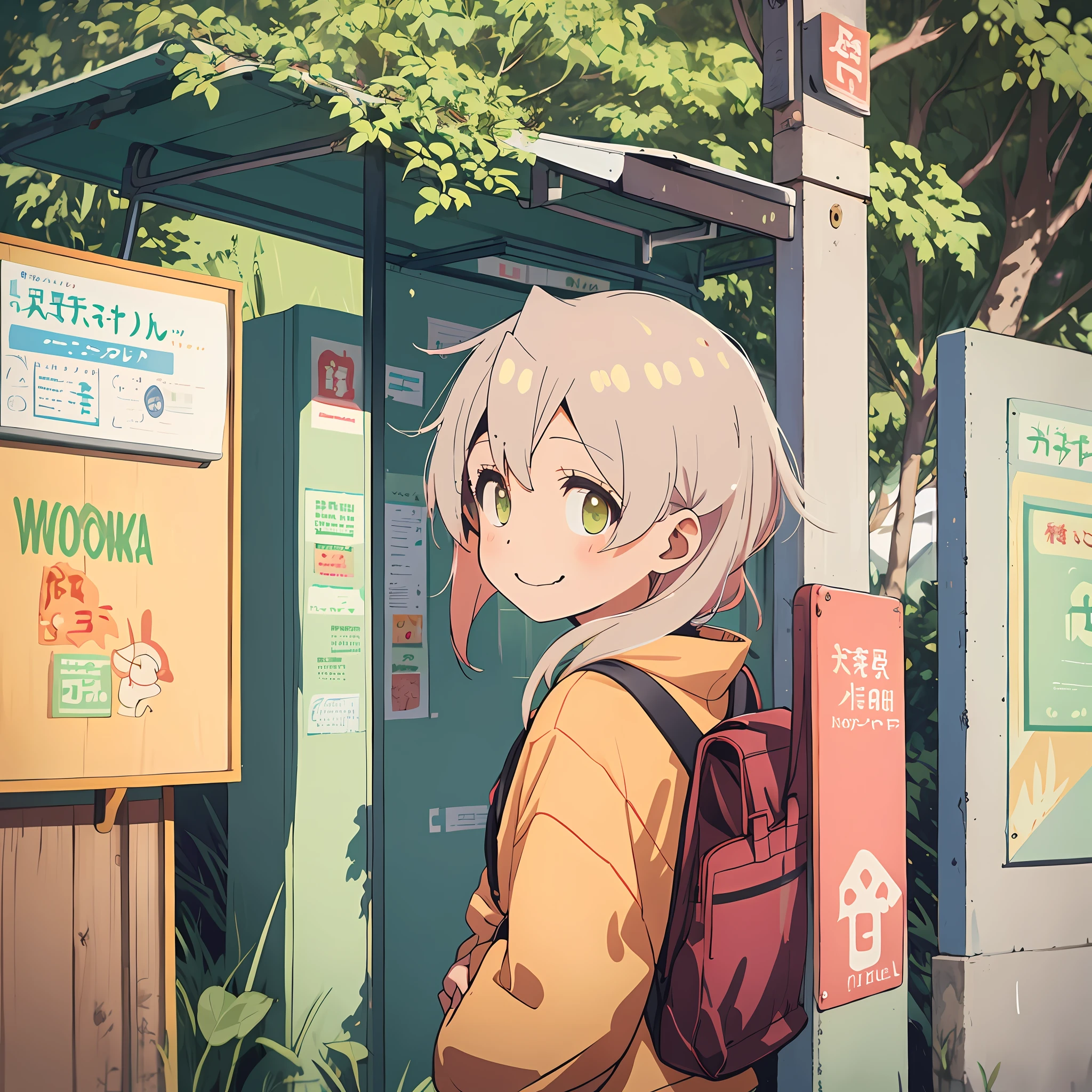 noa Himesaka, girl, Loli, , Yellow Hair, Green eyes, :3 mouth, Smile, Standing under a wooden bus stop, the weather is rainy, the view is in the distance, the back is forest and trees, High quality