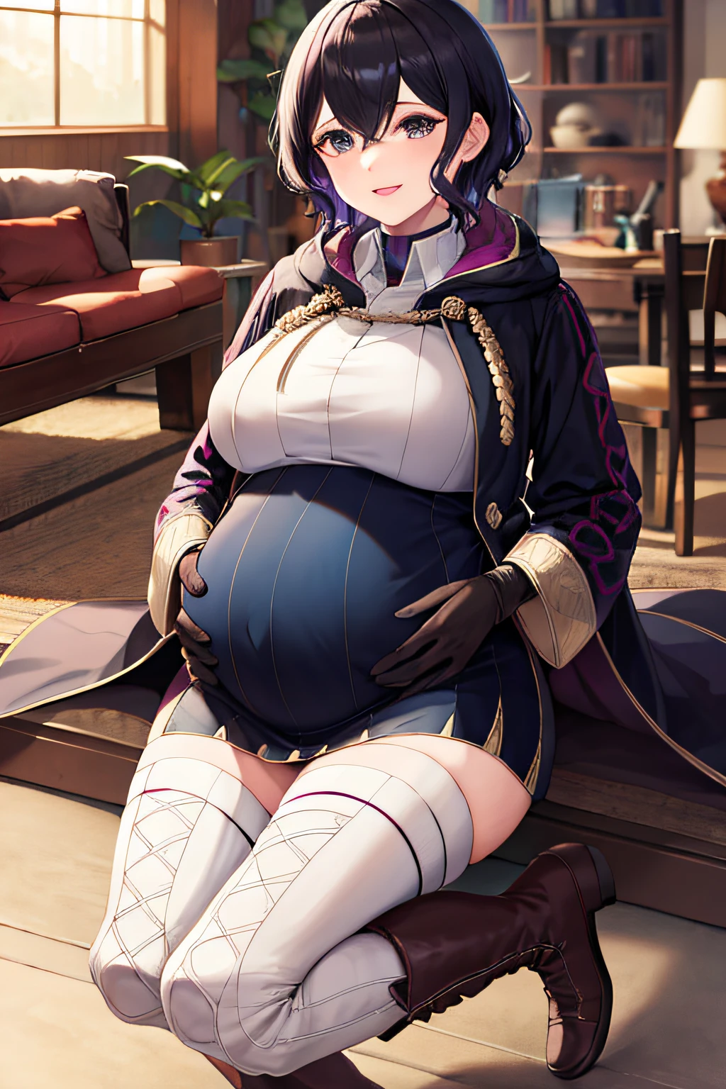 feMorgan, black robe, belt, white pants, brown bootsshort dress, black gloves, white thighhighs, (pregnant), huge belly,