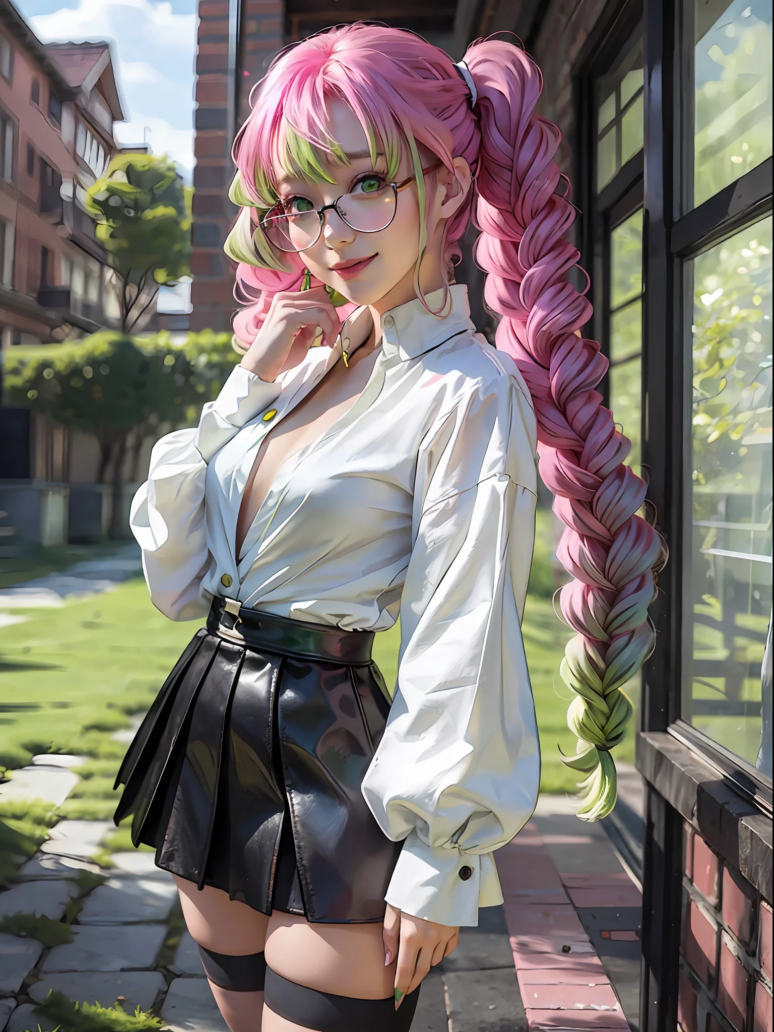 kanroji_mitsuri、1girl (Master peace、) (sthe highest qualit)(Shiny hair)(Glossy skin)、(gradation hair、GREEN、pink hair、ponytails:1.2)、 (suits、Officelady:1.2)、Hang something around your neck、shirt、、、、white blouse、Tight skirt、a black skirt、Woman in glasses、smileing、thighlet、standing a、