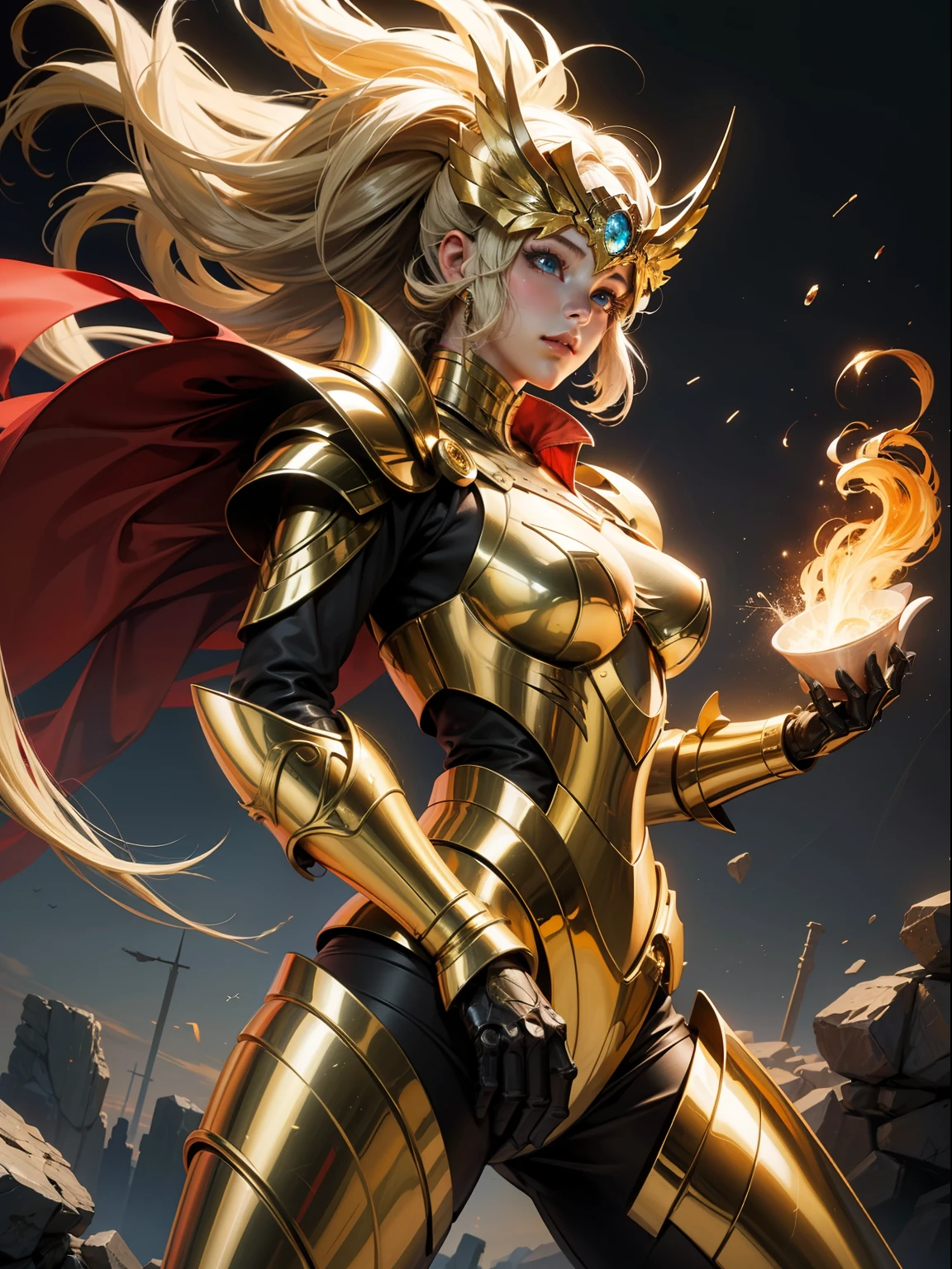 (masterpiece), (best quality), (1girl), girl in golden armor, cool pose, battle field background, fire background, saint seiya armor, messy hair