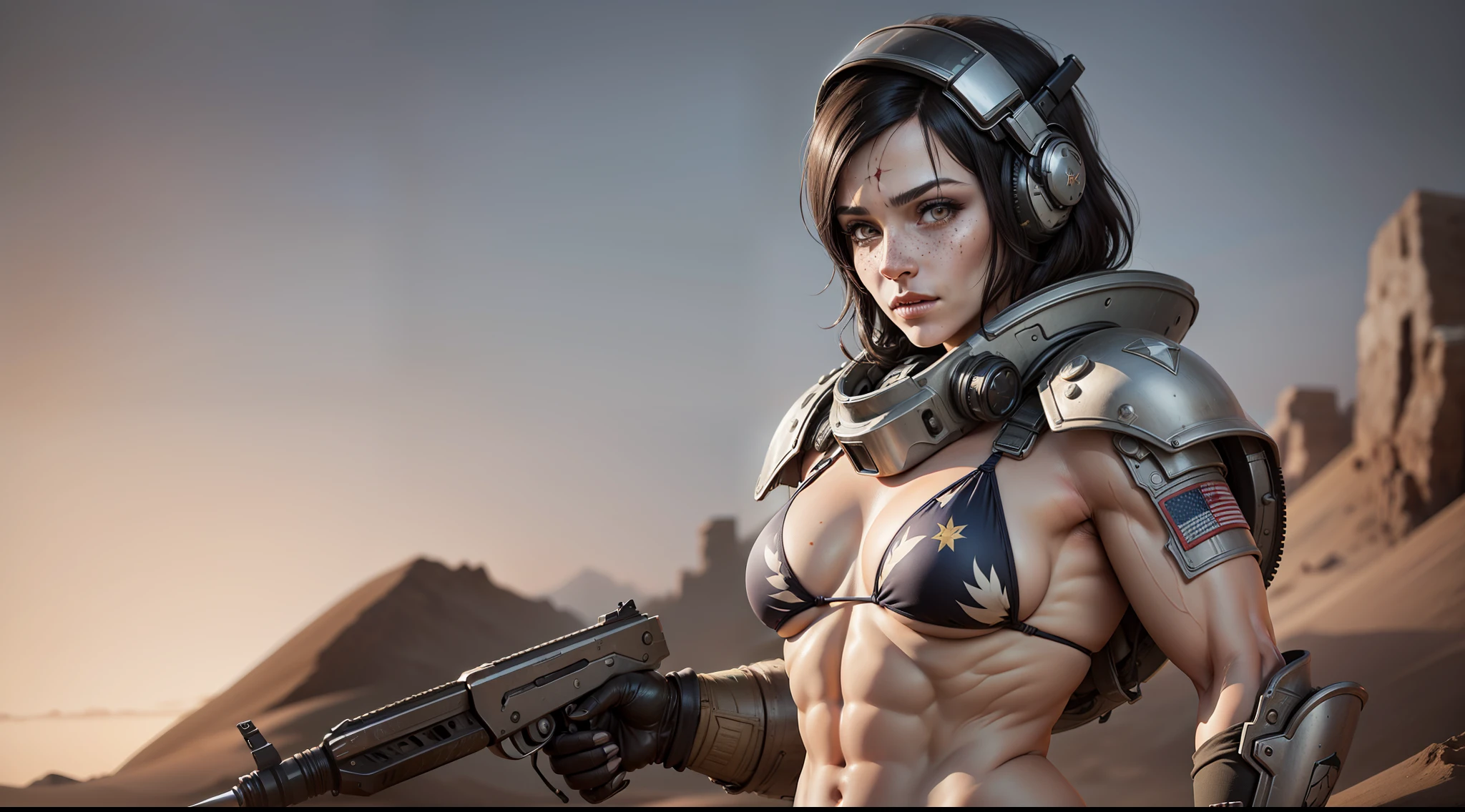 Masterpiece, best quality, 45 years old, thick body, gorgeous, apocalyptic warrior, Pharah from Overwatch with weapons, tattoos, (bikini tattered military gear:1.3), small blood stains, wrinkles, standing in the desert, dramatic sunset, armored carrier, (fit body:1.3), muscles, contrapposto, ((intricate, vibrant, photo realistic, detailed, realistic, dramatic, sharp focus, 8k)), (skin texture:1.1), (detailed skin:1.1), (realistic skin:1.1), freckles, dimples, skin wrinkles, (detailed facial features:1.2), (((high detail))), sharp focus, high quality