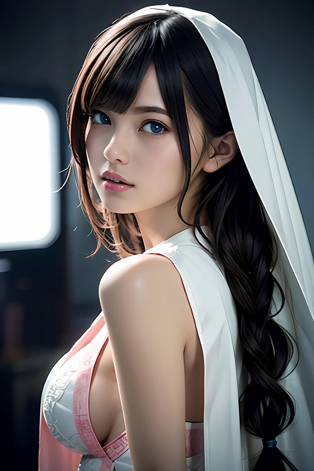 Ultra-detailed complex 3D rendering of face, (Colossal: 8.8), (masterpiece, top quality, octane rendering,), glamour shots full body image, very beautiful young elf, cleavage, (very detailed skin: 1.2), (exposure: 1.1), blonde, pretty woman getting naked. (Wearing a plummeting open shirt of white silk: 1.5.) 40k, ((very soft breasts)), ((conspicuous large pink areola)). Beautiful Caucasian woman with black skin with full soft breasts and black skin of big ass, one, long braided hair, big breasts, dynamic angle, mystical expression, ultra-realistic photo, (((portrait)))), bare feet, futuristic city background, facial muscles, detailed and beautiful gold crown, in the style of Marvel Comics, ArtStation trends, clear focus, studio photography, Intricate detail, highly detailed, detailed blue eyes, highly detailed, sharp focus, digital rendering, professional, abs, dark gray background,