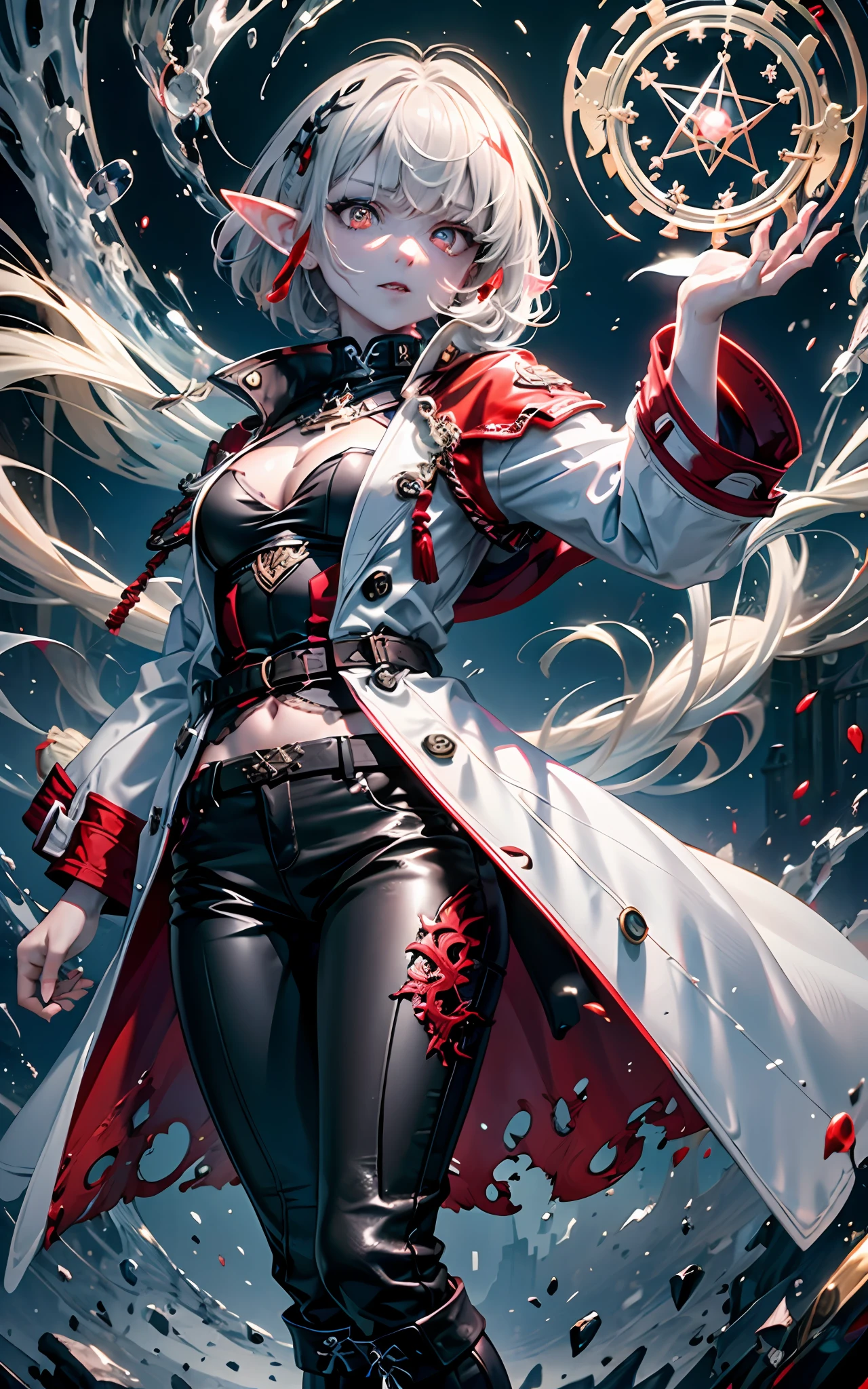 portrait, (absurdres, highres, ultra detailed), girl, (elf ears, adult, cute face:1.2),thin, medium breasts, fragile, straight hair, messy hair, (white with red accents coat, assasin-style coat, fantasy (pants), boots:1.5), adventurer clothes,glowing eyes, (grey hair:1.3), (((bob cut))), (yellow eyes), finely detailed eyes and detailed face, extremely detailed CG unity 8k wallpaper, intricate details, (style-swirlmagic:0.8), portrait, looking at viewer, solo, dynamic pose, detailed background, madness in eyes, hovering in the air, necromancer, evil to the core, red clouds, casting a spell, ((chaos magic, dark magic)), , underworld, warhammer theme, bringer of the false light, dark clouds, floating pieces of dirt, decadence, evil energy emanating, dark aura, broken shackles