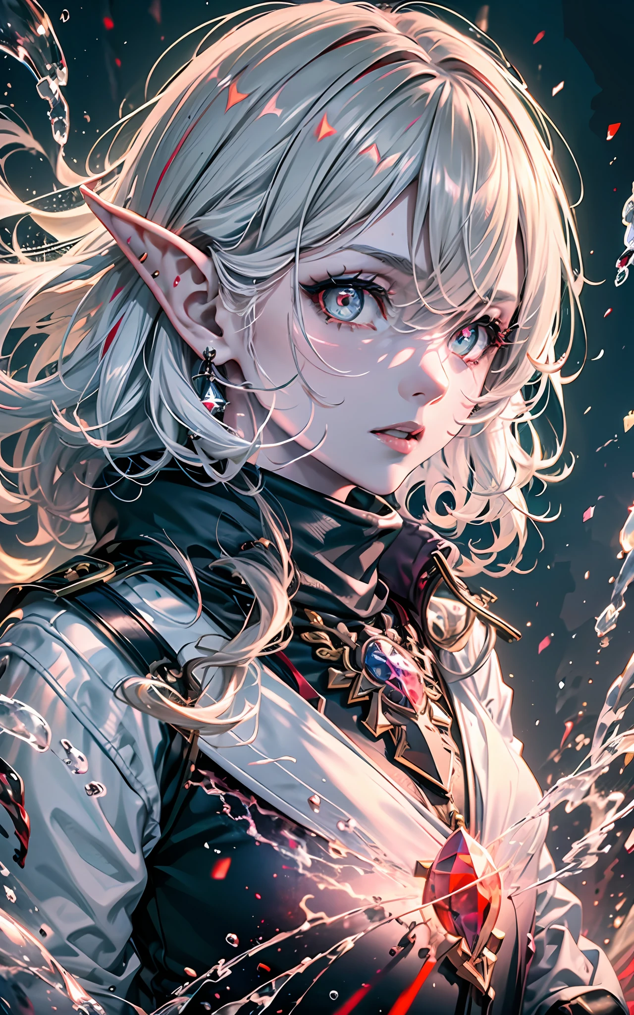 portrait, (absurdres, highres, ultra detailed), girl, (elf ears, adult, cute face:1.2),thin, medium breasts, fragile, straight hair, messy hair, (white with red accents coat, assasin-style coat, fantasy (pants), boots:1.5), adventurer clothes,glowing eyes, (grey hair:1.3), (((bob cut))), (yellow eyes), finely detailed eyes and detailed face, extremely detailed CG unity 8k wallpaper, intricate details, (style-swirlmagic:0.8), portrait, looking at viewer, solo, dynamic pose, detailed background, madness in eyes, hovering in the air, necromancer, evil to the core, red clouds, casting a spell, ((chaos magic, dark magic)), , underworld, warhammer theme, bringer of the false light, dark clouds, floating pieces of dirt, decadence, evil energy emanating, dark aura, broken shackles