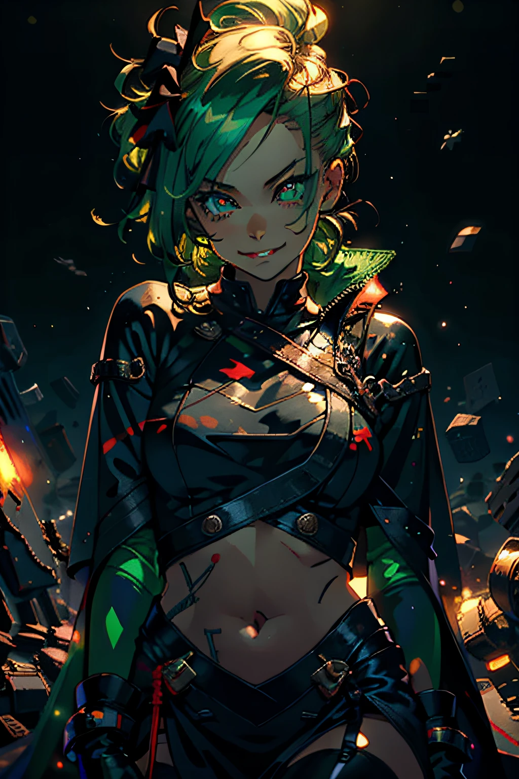(masterpiece, best quality:1.2), solo, 1girl, xbox-chan, evil grin, looking at viewer, crossed arms, ponytail, green hair ribbon, glowing eyes, bright pupils, clothing cutout, stomach cutout, cape, thighhighs, (gloves:1.1)