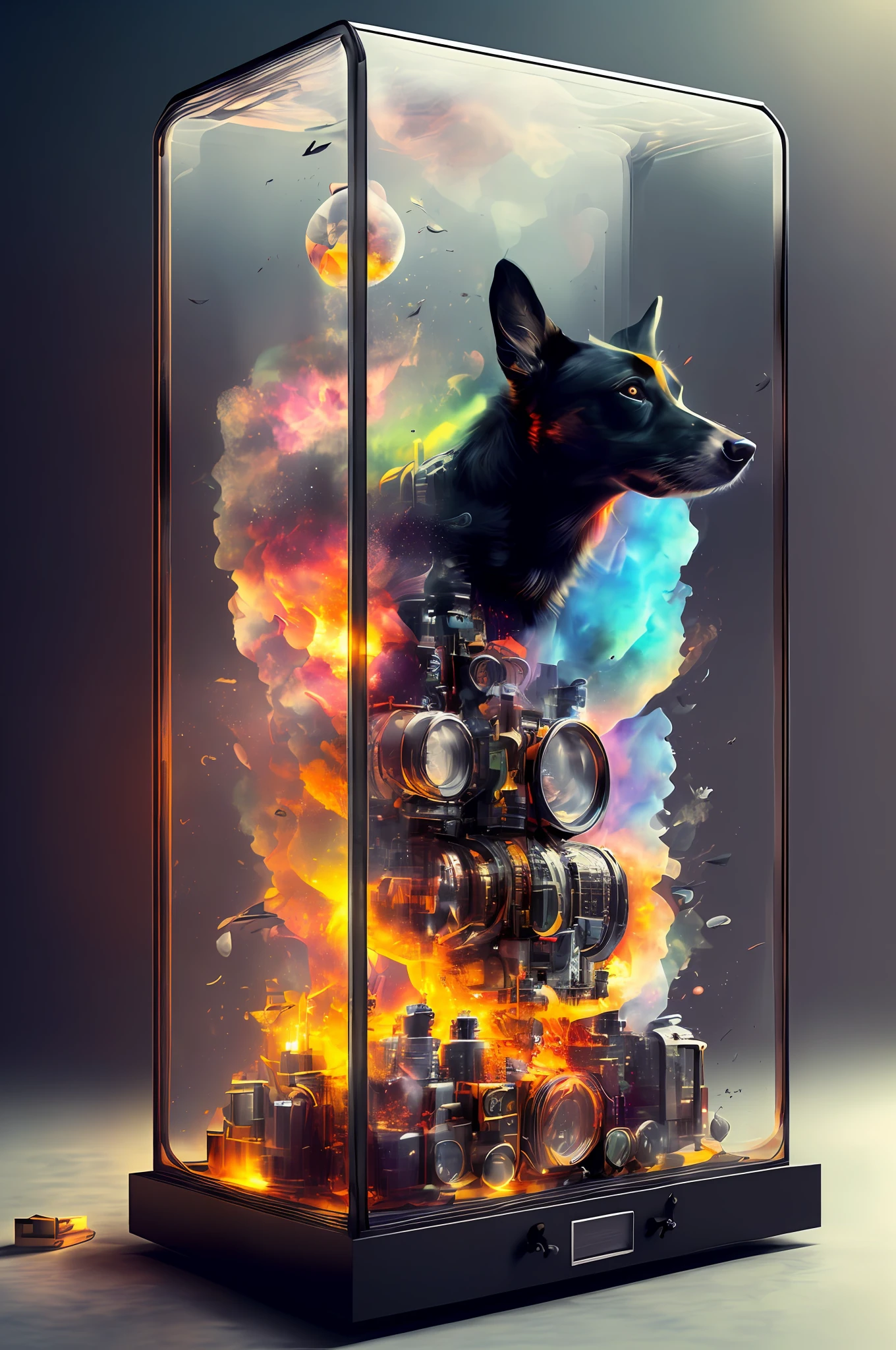knollingcase, cachorro preto,olhos vermelhos (((vibrante, foto realista, realista, dramatic, focus sharp, 8k)))