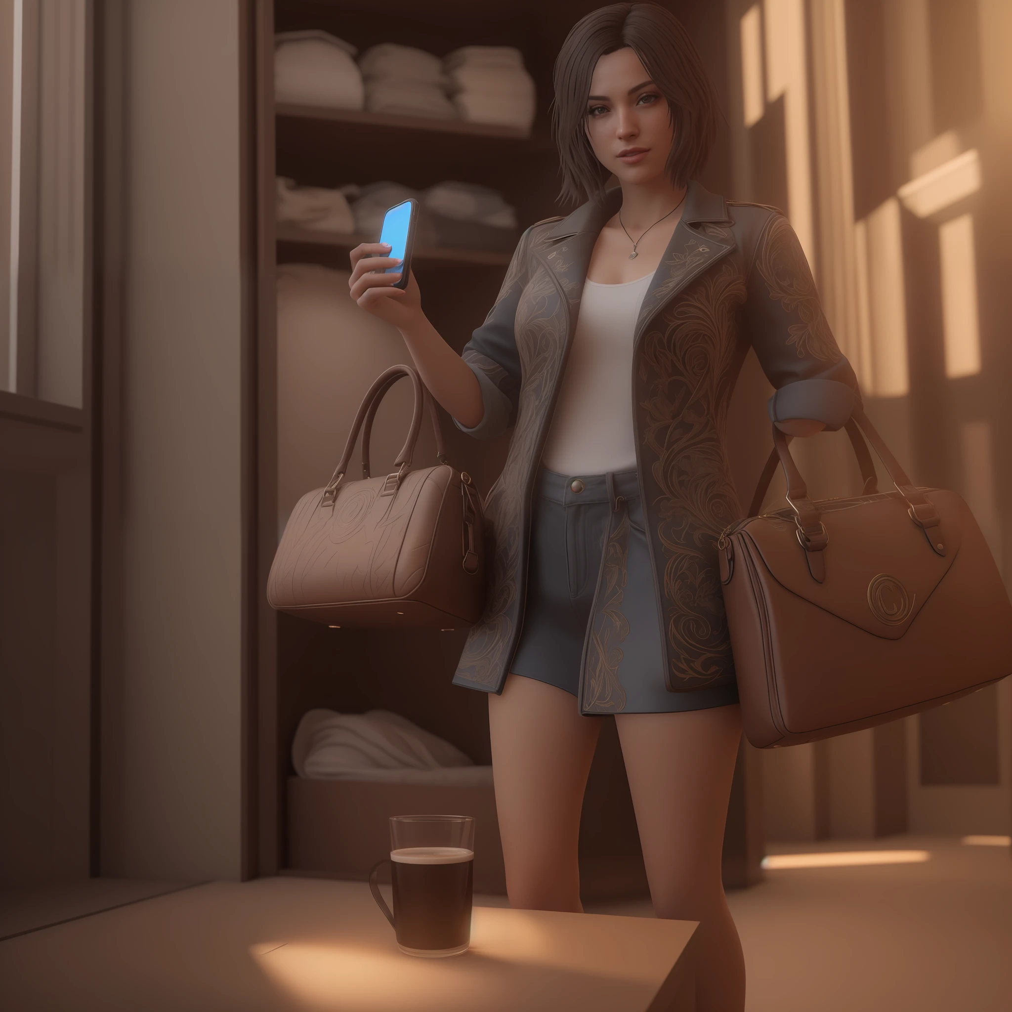 Hyperrealistic photo, Happy luxurious young Caucasian woman in a bag closet, backlit, light colors, choosing a bag with her cell phone in hand, soft lighting highlighting the texture and details of the bags, feeling of exclusivity and sophistication, editorial style photography with 50mm lens and soft focus, Cinematic, Hyperdetailed, incredible detail, Beautifully gradient coloring, Unreal Engine, DOF, Super Resolution, Megapixel, Cinematic Lighting, Anti-Aliasing, FKAA, TXAA, RTX, SSAO, Post Processing, Post Production, Image Mapping Tones, CGI, VFX, SFX, Insane Intricate Detail, Hypermaximalist, Hyperrealistic, Volumetric, Photorealistic, Ultra Photorealistic, Ultra Detailed, Intricate Detail, 8K, Super Detailed, Full Color, Volumetric Lighting, HDR, Realistic, Unreal Engine, 16K, Sharp focus
