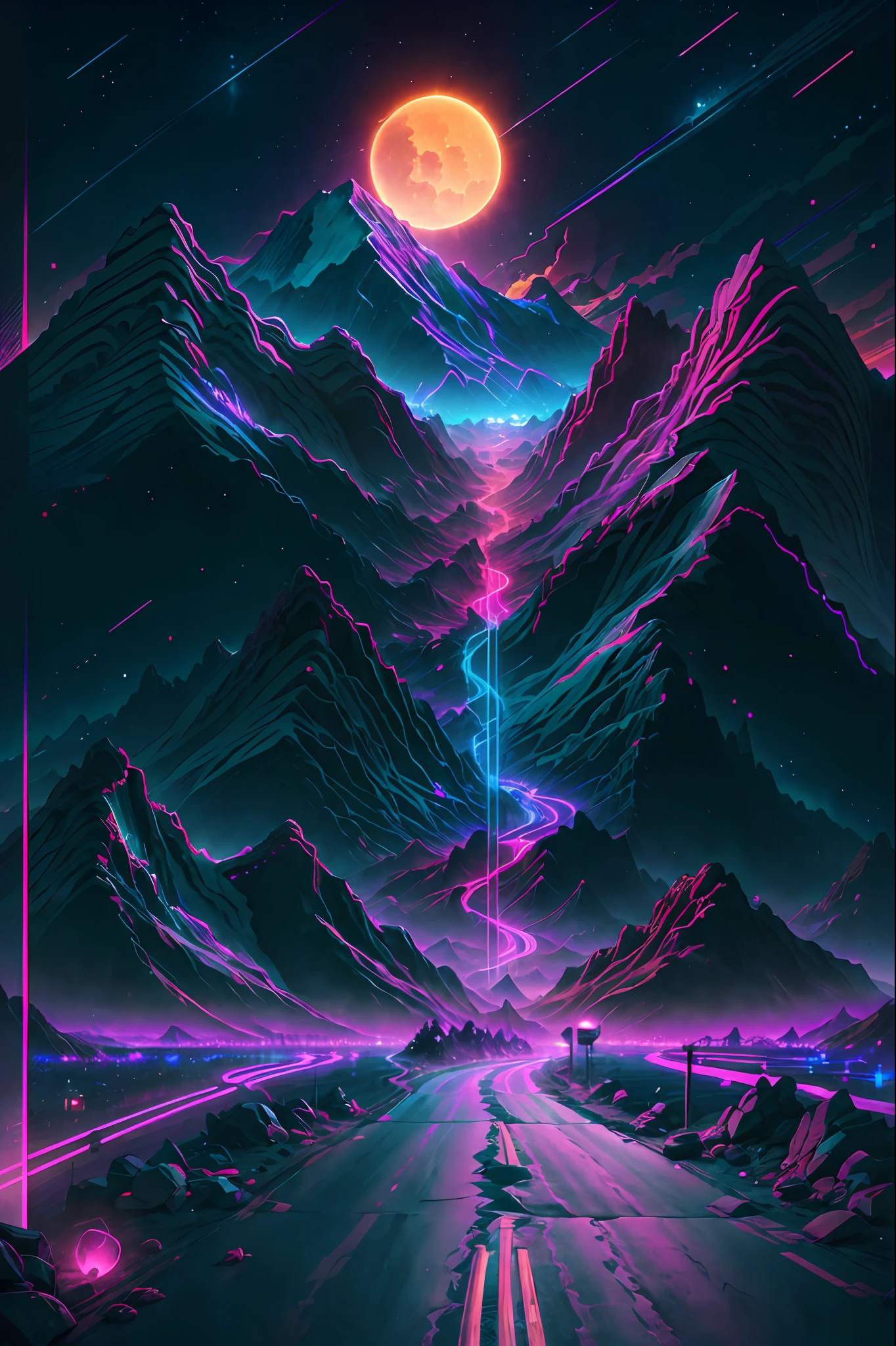 retrowave. road, purple neon lights, sun, mountain,
(masterpiece,detailed,highres),