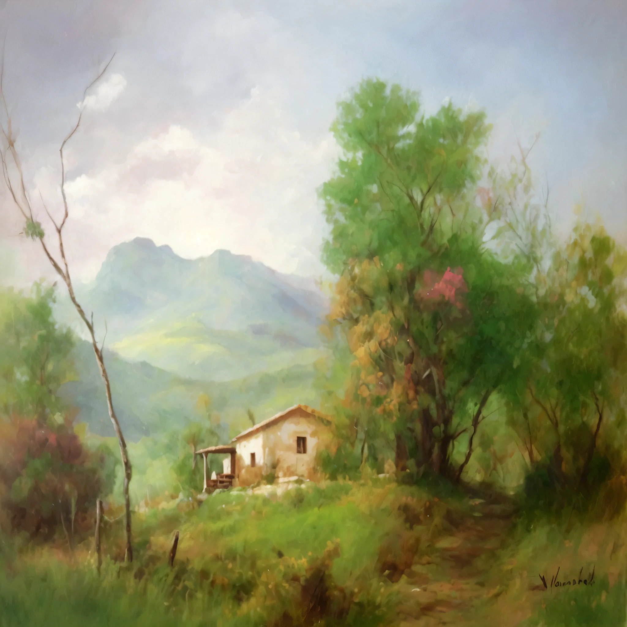 pintura de uma casa em um campo com uma montanha ao fundo, Direction: Victor Adame Minguez, paisagem rural, Direction: Carlos Francisco Chang Marin, Direction: Jenaro de Urrutia Olaran, country landscape, Direction: Benito Quinquela Martin, Direction: Maximilian Cercha, paisagem arejada, Direction: Luis Enrique Camej, Direction: Carlos Trillo Name