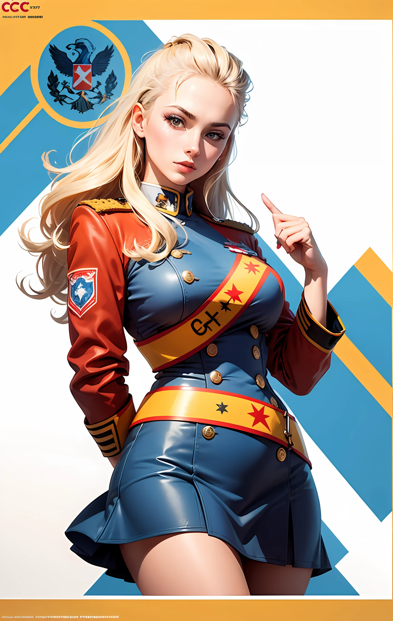 CCCP poster, soviet poster, USSR Flag in background, USSR Poster, Soviet Union poster, October Revolution, ((CCCP Poster, Soviet Poster)) (blond 1 mature girl holding up her hand in the air) propaganda Poster, poster, Soviet flag on pole, blue sky with fighter jet, uniform, 1girl, solo, good body, Poster design, poster art style. 1980s, 1950s, 1960s, basic colour scheme, Very colourful poster, colour art, thirds rule, inspiring, general, military officer, woman, 1 mature girl, hair blowing in the wind, hand high in the air, revolutionary, pointing with finger, red square backdrop, thick legs.