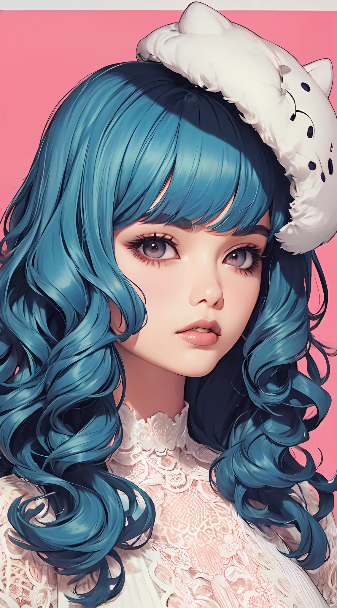 (masterpiece, best quality), beautiful woman, wavy hair, assymetrical bangs, intricate lace lingerie, perfect face, beautiful face, alluring, big gorgeous eyes, huge breasts, soft smile, perfect slim fit body, luxury bedroom, bright colors, (risograph)