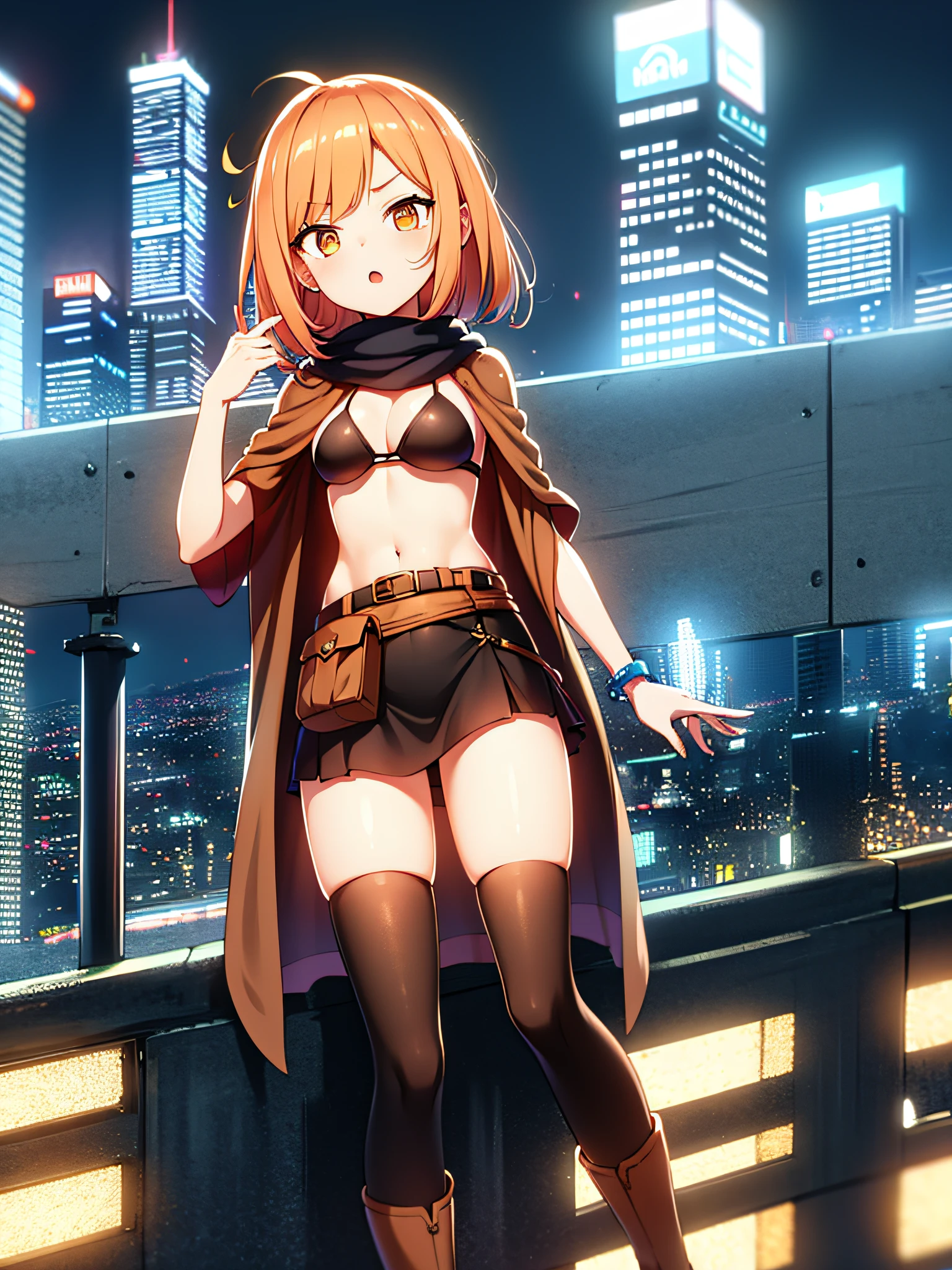 orange eyes light,richly faded light orange hair, anime 1girl, no skirt, brown military boots, pouch on the waist belt, khaki bikini, "black tights", "dark_orange knee pad on right leg",( night city:1.4), black long cloak, (good hand:1.5 ) good legs, (Good face: 1.5), 1girl, best hand, no worst hand. without clothes, in big city