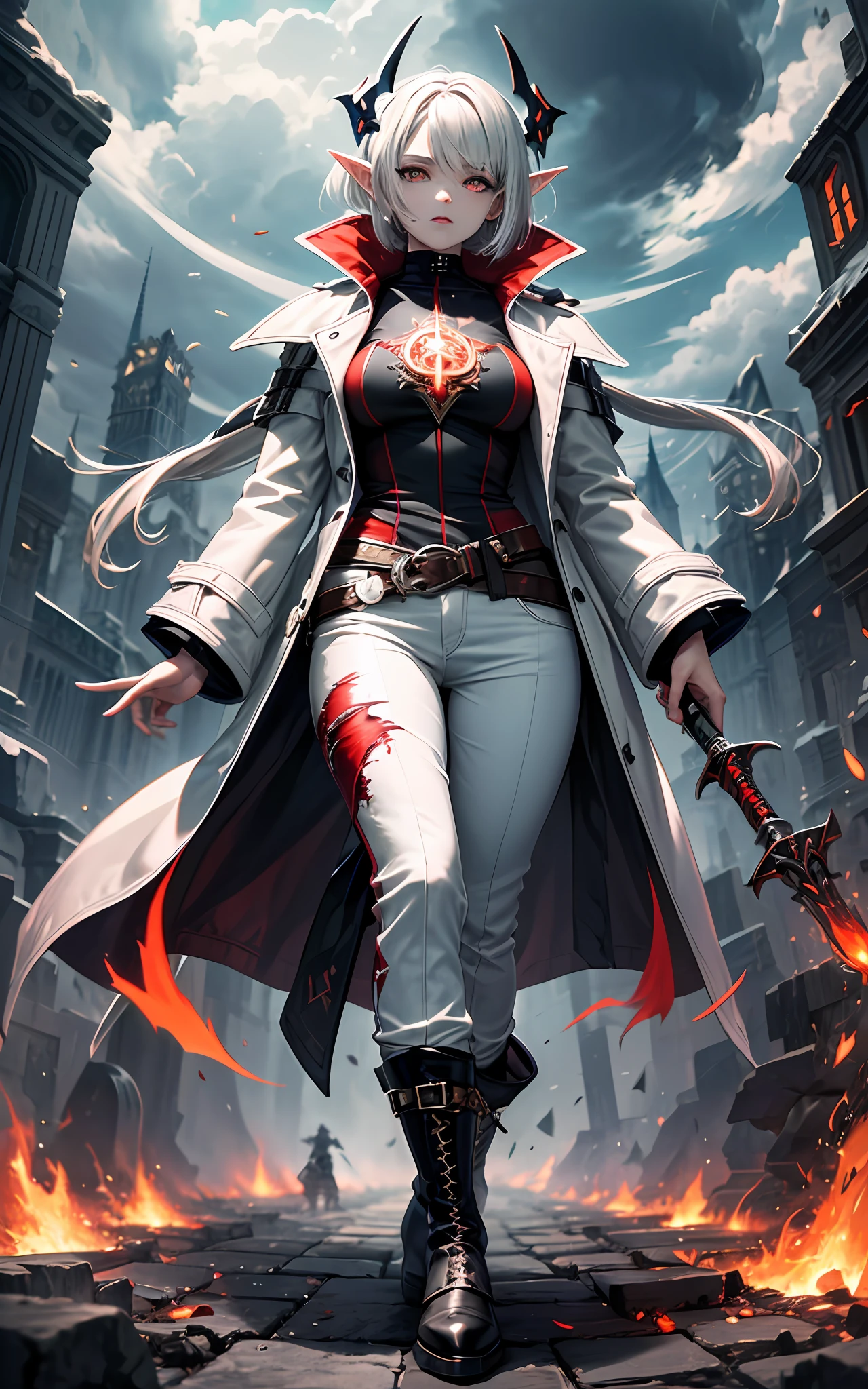 (full body shot:1.3), (absurdres, highres, ultra detailed), girl, (elf ears, adult, cute face:1.2),thin, medium breasts, fragile, straight hair, messy hair, (white with red accents coat, assasin-style coat, fantasy (pants), boots:1.5), adventurer clothes,glowing eyes, (grey hair:1.3), (((bob cut))), (yellow eyes), finely detailed eyes and detailed face, extremely detailed CG unity 8k wallpaper, intricate details, (style-swirlmagic:0.8), portrait, looking at viewer, solo, dynamic pose, detailed background, madness in eyes, hovering in the air, necromancer, evil to the core, red clouds, casting a spell, ((chaos magic, dark magic)), , underworld, warhammer theme, bringer of the false light, dark clouds, floating pieces of dirt, decadence, evil energy emanating, dark aura, broken shackles