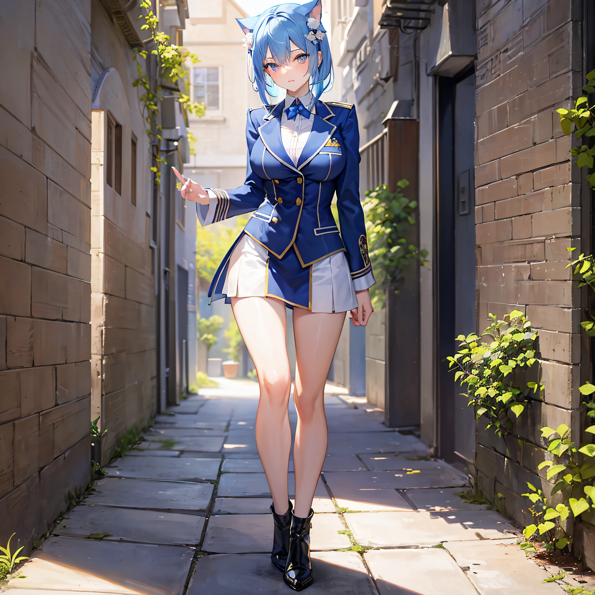 Absolutely beautiful cat lady, perfect slim body, mature, sky blue hair, royal sister face, college uniform, sexy and alluring, beautiful face, full body portrait, standing pose, 4K picture quality, big body, feminine expression, blush shyness, outrageously large bust, deep eyes,