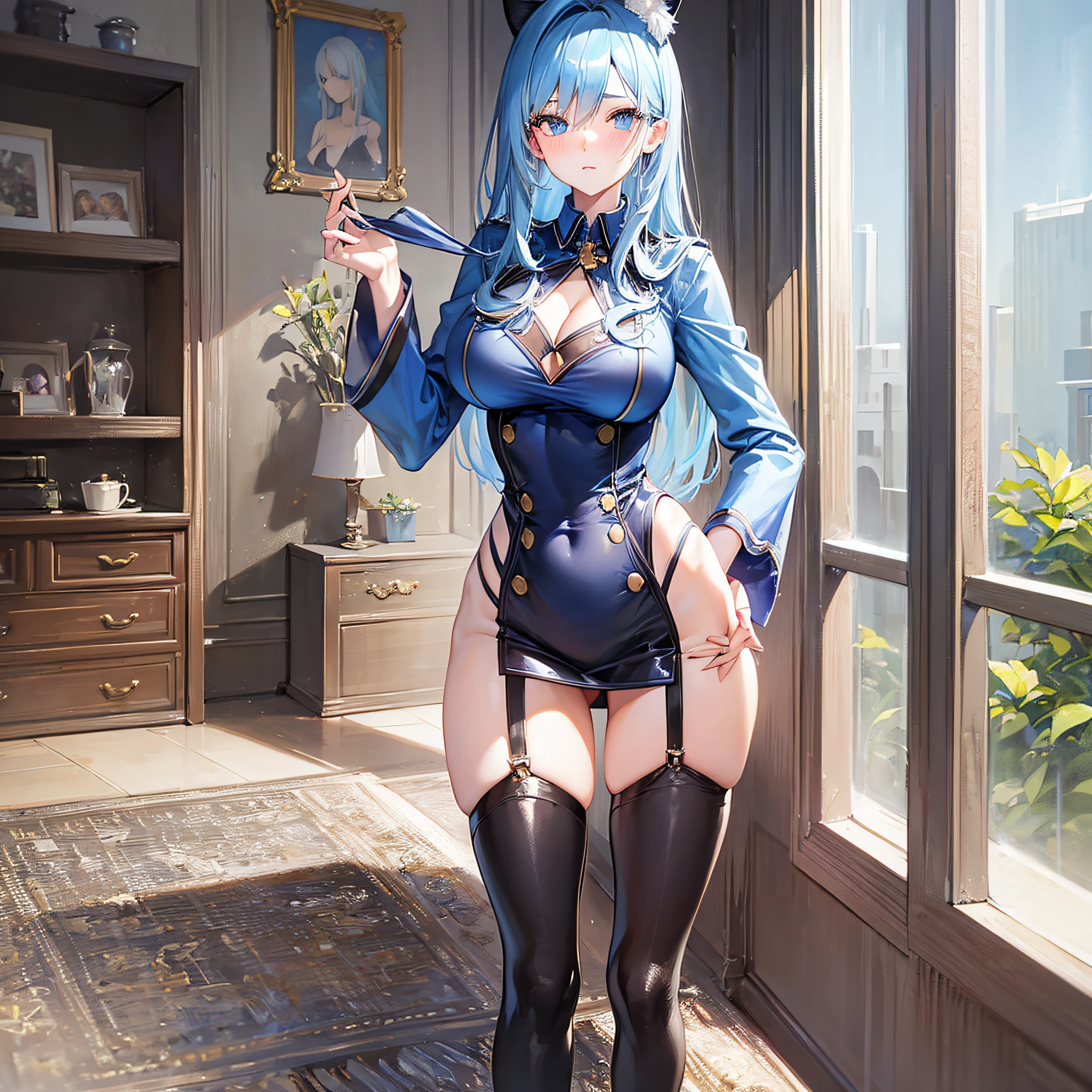 Absolutely beautiful cat lady, perfect slim body, mature, sky blue hair, royal sister face, college uniform, sexy and alluring, beautiful face, full body portrait, standing pose, 4K picture quality, big body, feminine expression, blush shyness, outrageously large bust, deep eyes,