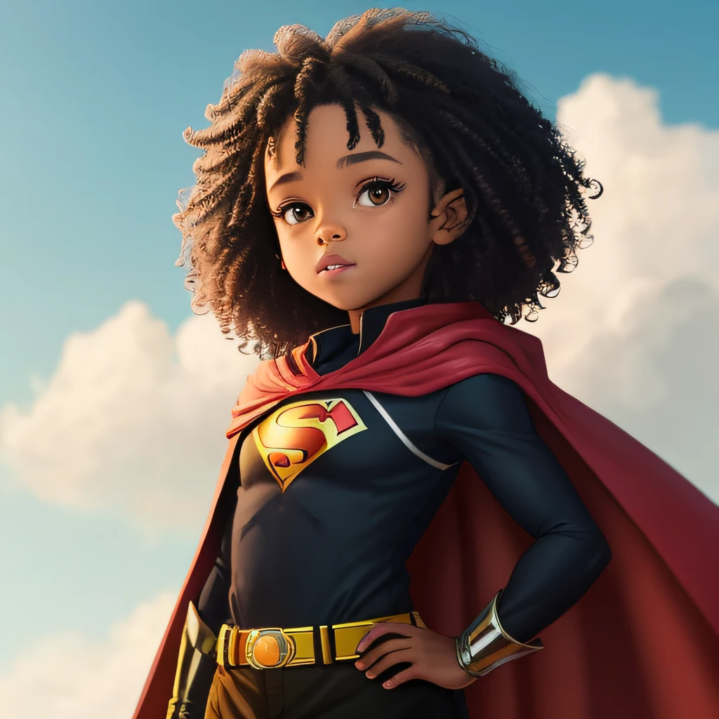 Crie um personagem infantil de uma negra com cabelo cacheado usando uma capa de super-hero flying