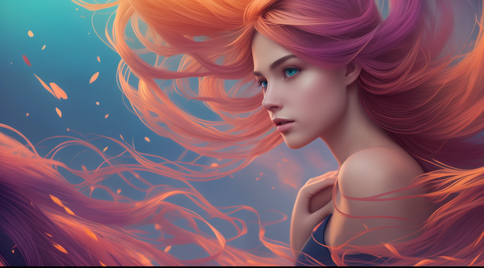 As a female, create an artistic masterpiece with stunning beauty, capturing dynamic angles, and vibrant multicolored hair, reflecting the essence of an ultra-detailed CG unity 8k wallpaper. Let your creativity soar and bring this vision to life."
