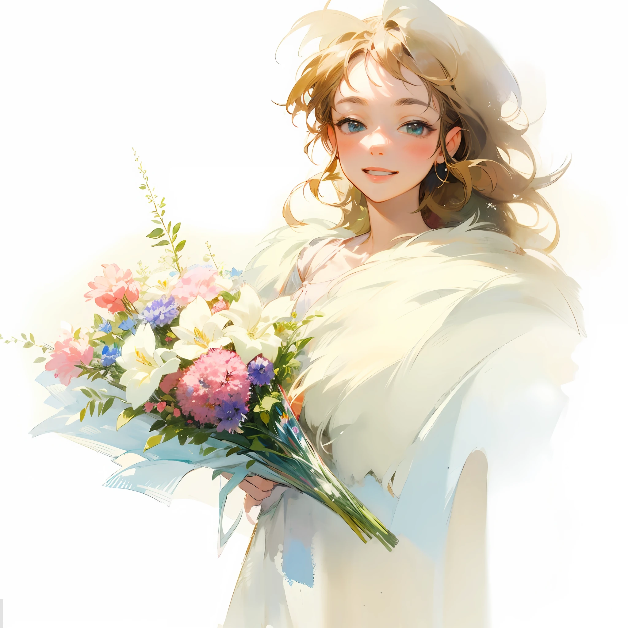 Vague and draft-like depiction, rough, detailed watercolor, soft and fantastic, pastel, fluffy, Renoir, woman giving bouquet of flowers while saying "thank you" and smiling