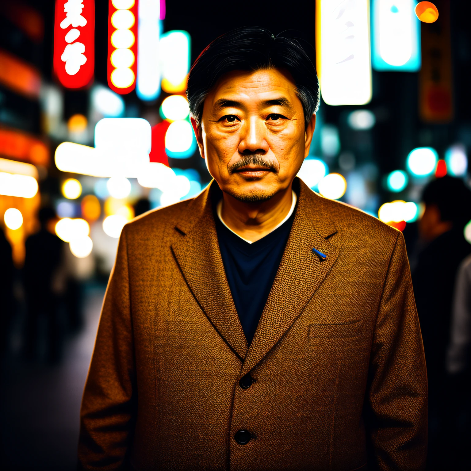 an attractive mature Japanese man, urban photography in Tokyo, fotografia de filme, pele ultra detalhada, professional color grading, cinematografia, Fujifilm