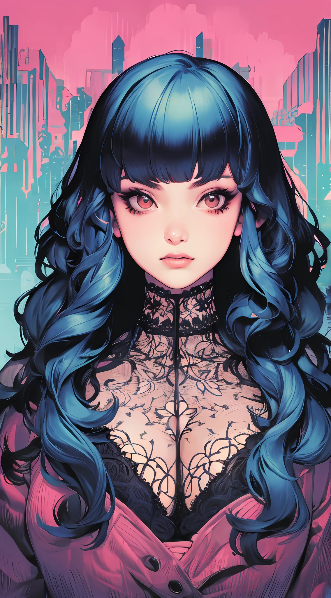 (masterpiece, best quality), demon girl, wavy hair, assymetrical bangs, intricate lace lingerie, perfect face, beautiful face, alluring, big gorgeous eyes, huge breasts, soft smile, perfect slim fit body, luxury bedroom, bright colors, (risograph)