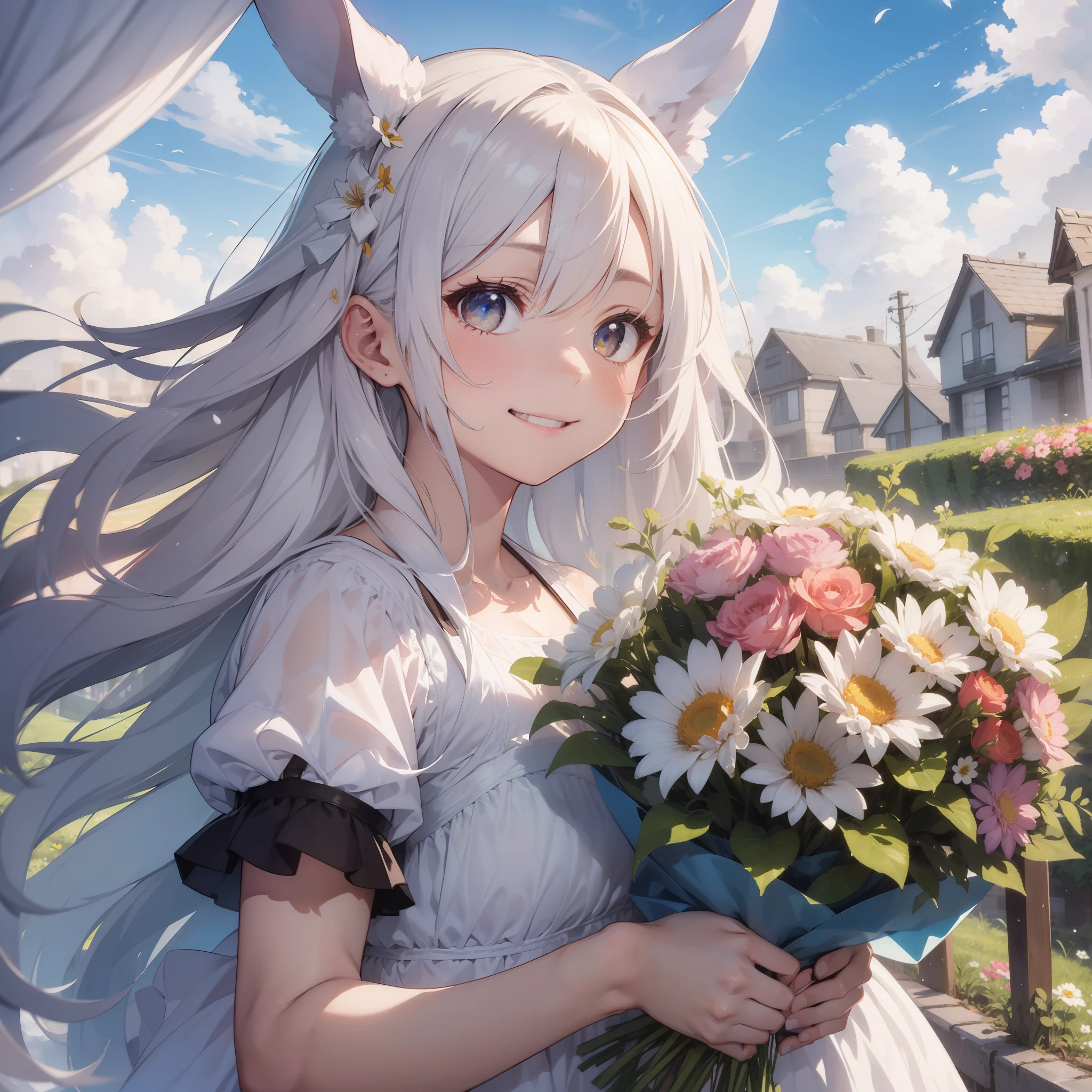 Details, Watercolor, 1 Girl,
Flower garden Girl in a white dress and rabbit ears. Her hair shines golden, a surprised face
Her eyes are gentle, smiling (happiness: 1.3). She holds a bouquet of flowers in her hands.
In the sky, white (white: 0.9) and fluffy (fluffy: 1.2) clouds float and soft (soft: 1.1) sunlight pours in. , watch the viewer,