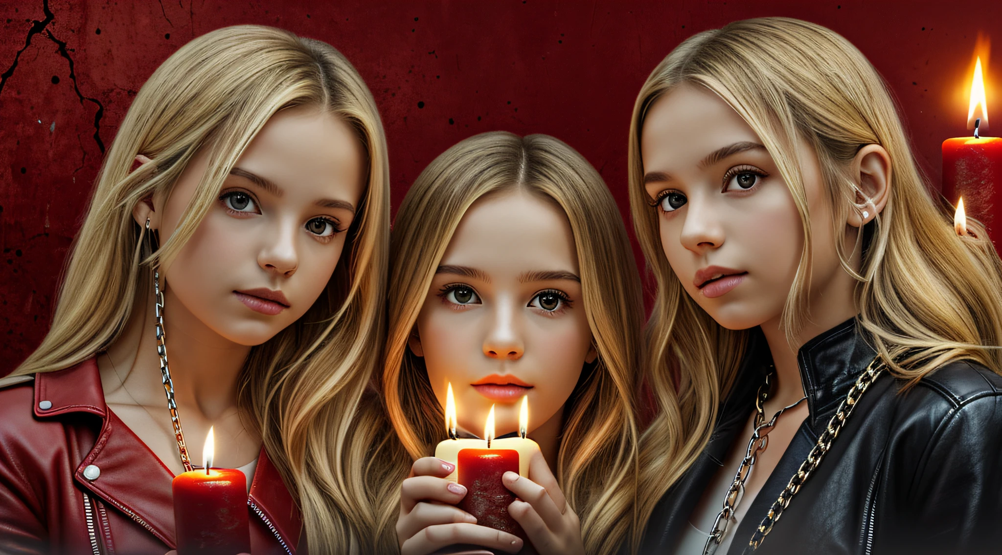 A half body, portrait of 3 girls German children long blonde hair of 12 years, red leather jackets, holding in their hands a cross, background of chains, chain, more chains, many chains, , red, red fire, many background flames. A FEW CANDLES LIT,